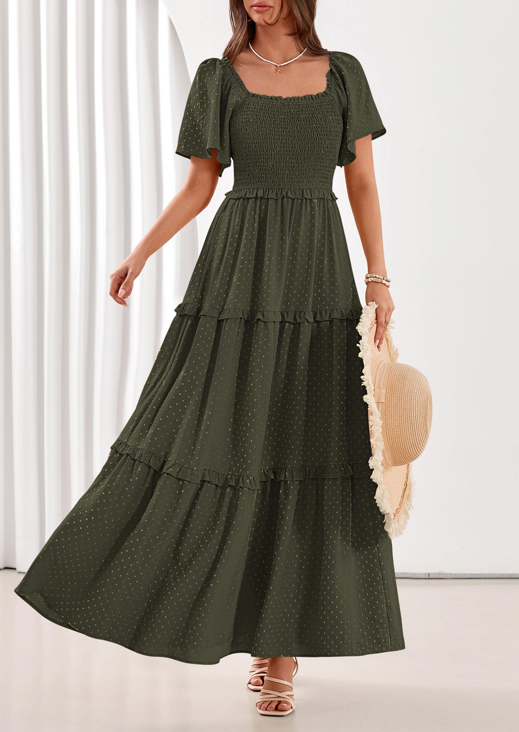 PRETTYGARDEN Summer Dresses for Women Boho Swiss Dot Smocked Square Neck Short Sleeve Spring Wedding Guest Maxi Dress
