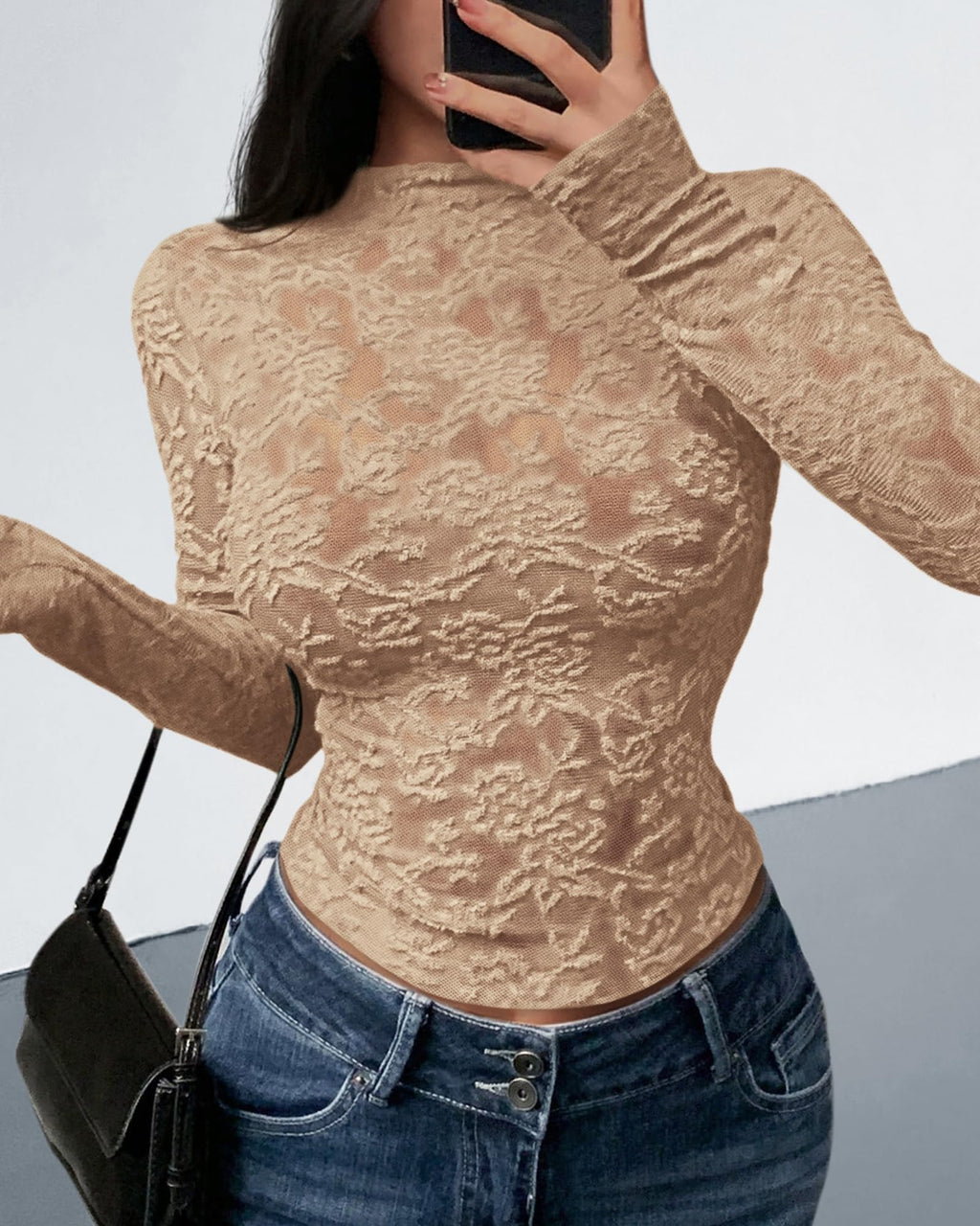 BTFBM Mesh Long Sleeve Tops for Women Lace Sheer Tight See Through Crew Neck Spring Fall Party Club Outfits