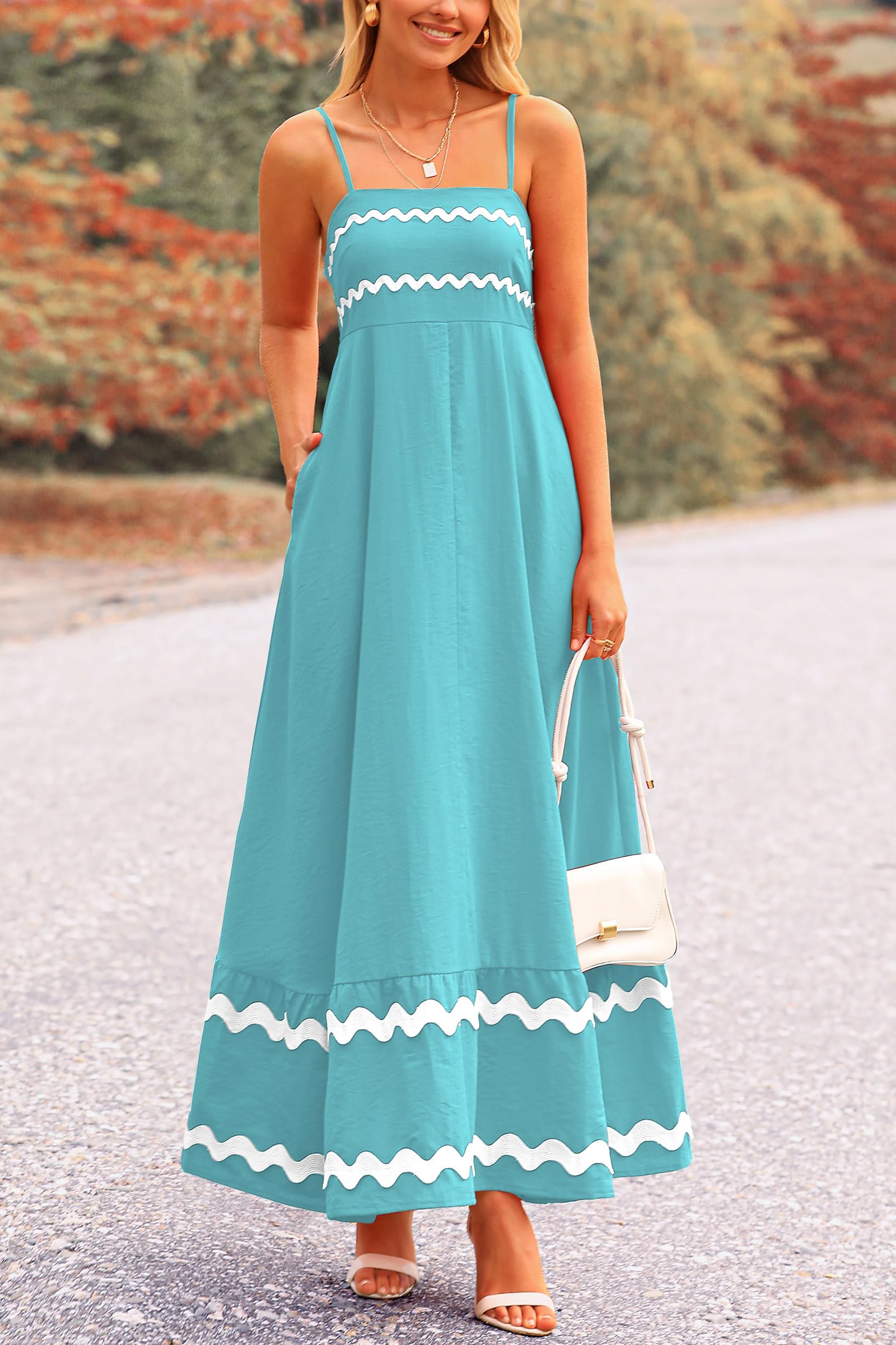 PRETTYGARDEN Women's Summer Flowy Maxi Dress Casual Sleeveless Spaghetti Strap Ruffle Beach Long Dresses