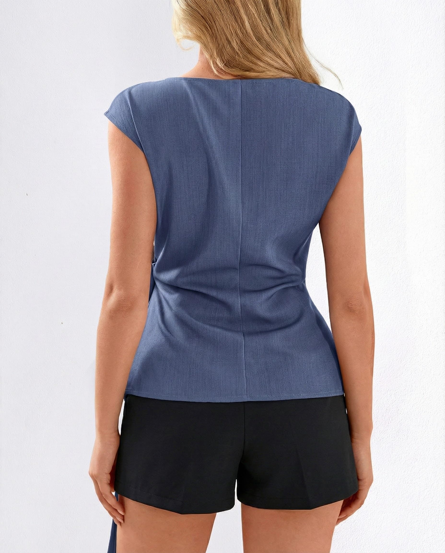 FreshPretty Womens Tops Summer Cap Sleeve Crew Neck Tie Waist Blouses Dressy Casual Business Work Clothes Spring Fashion