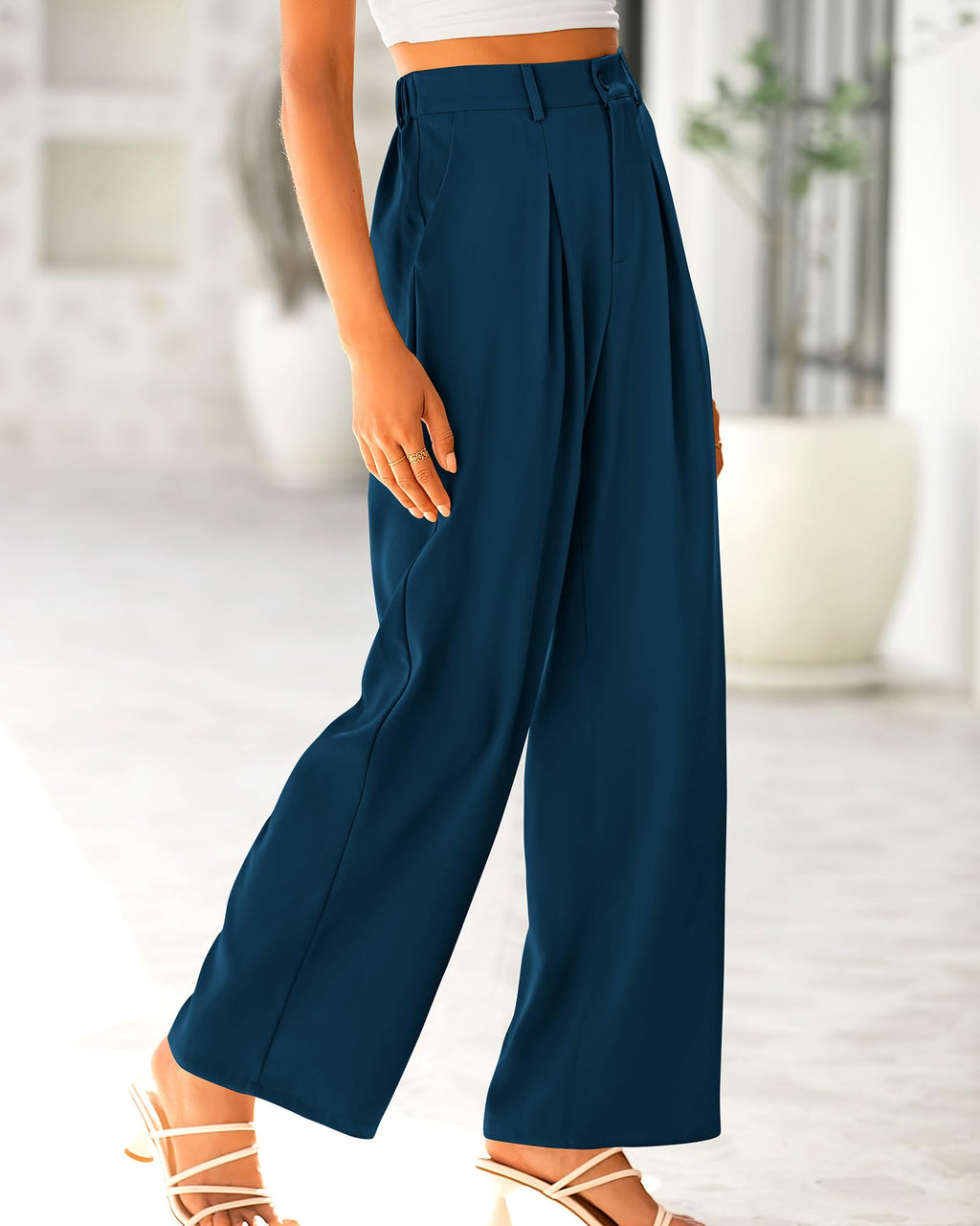 BTFBM Women High Waist Palazzo Pants Spring Casual Wide Leg Trousers Loose Work Office Business Suit Pant Pockets