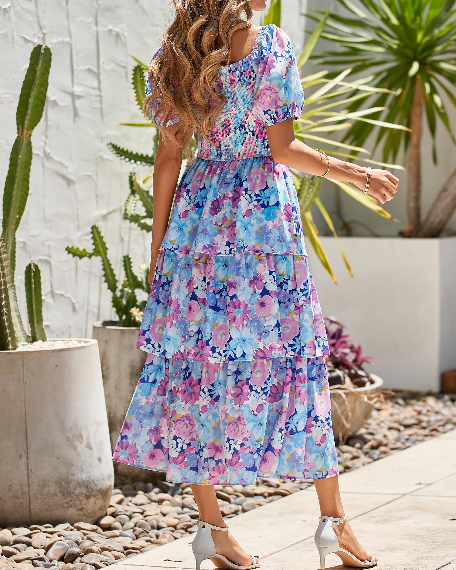 BTFBM Womens Square Neck Smocked Dress Summer Puff Short Sleeve Floral Casual Ruffle Tiered Maxi Wedding Guest Dresses