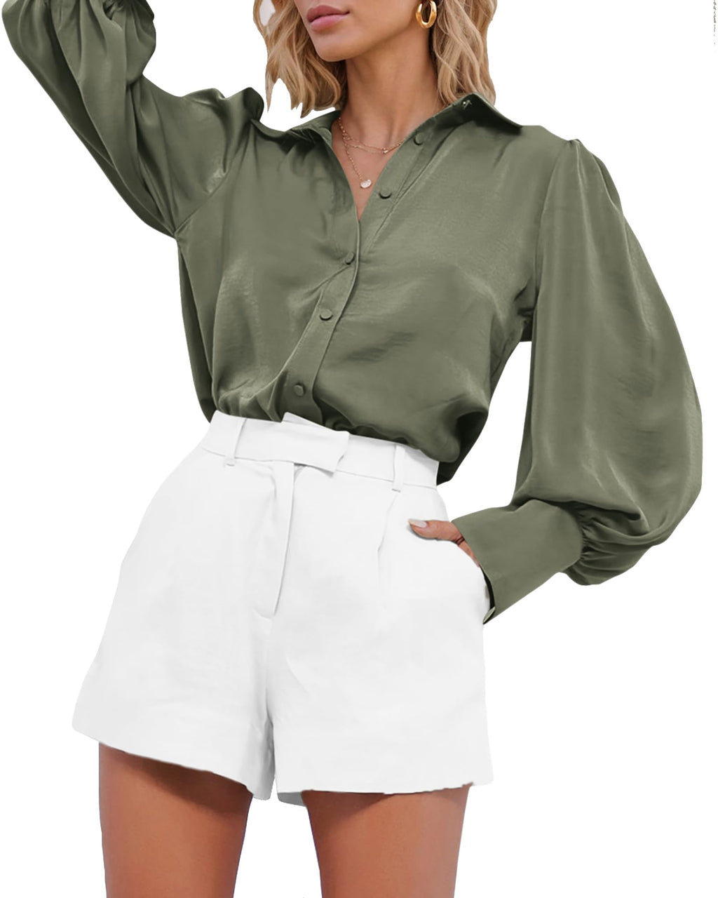 BTFBM Women Satin Blouses Summer Fall Clothes Button Down Lantern Long Sleeve Shirts Work Business Casual Dressy Tops