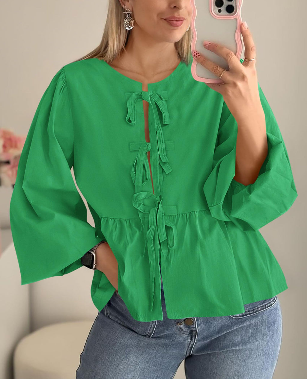 PRETTYGARDEN Women's Spring Fall Babydoll Peplum Blouse Shirt Puff Long Sleeve Bow Tie Front Trendy Cute Y2K Going Out Tops