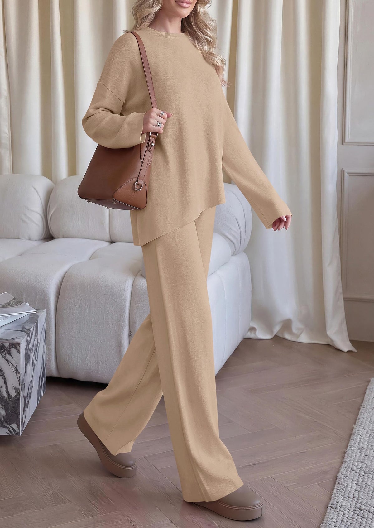 PRETTYGARDEN Womens Fall 2 Piece Asymmetric Cozy Sweater Travel Lounge Sets Crewneck Drop Shoulder Tops, Wide Leg Pants, Soft Casual Knit Matching Set,Vacation Airport Holiday Outfits
