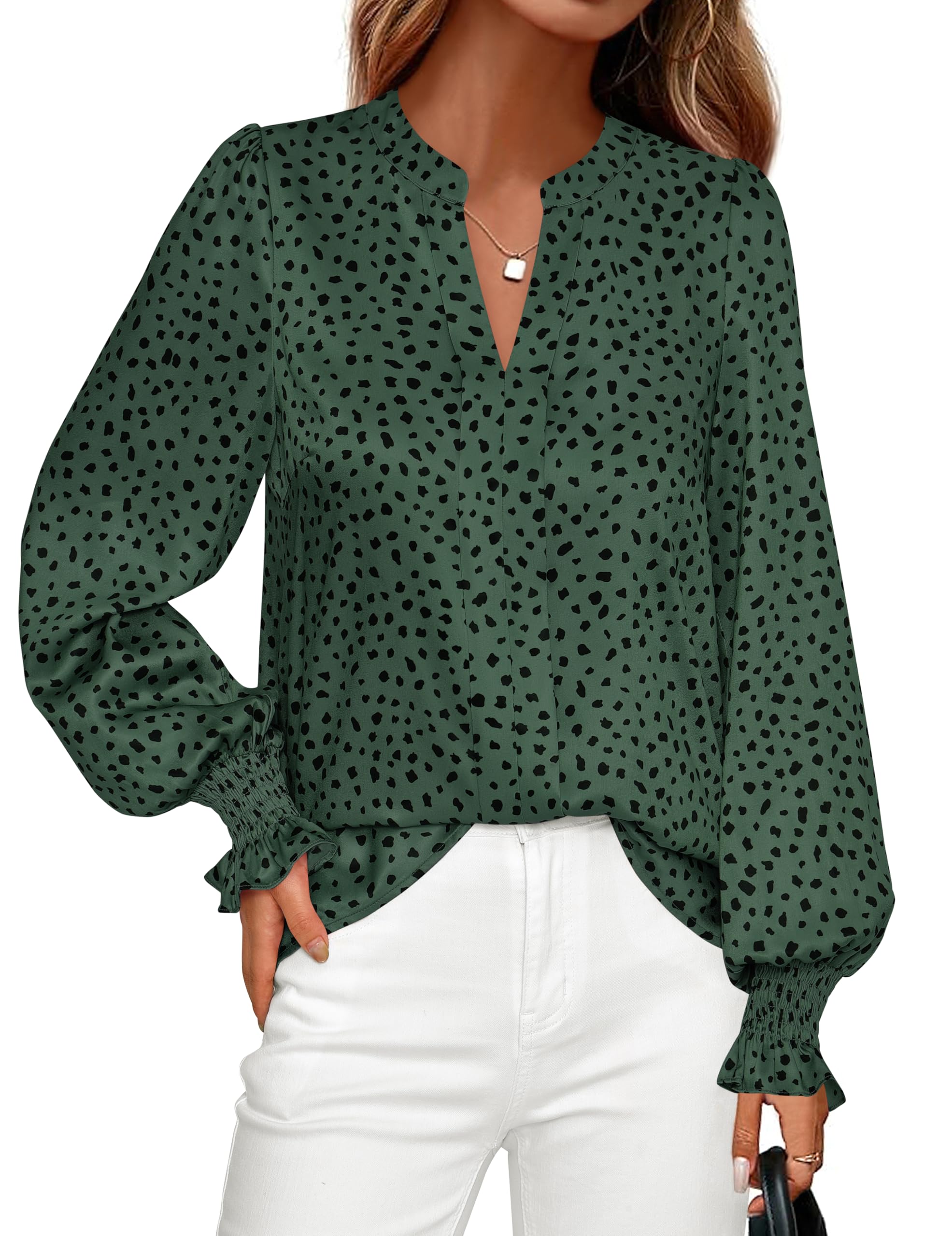 FreshPretty Womens Boho Floral Long Sleeve Tops Fall Fashion V Neck Loose Chiffon Work Blouses Dressy Casual Ruffle Shirts