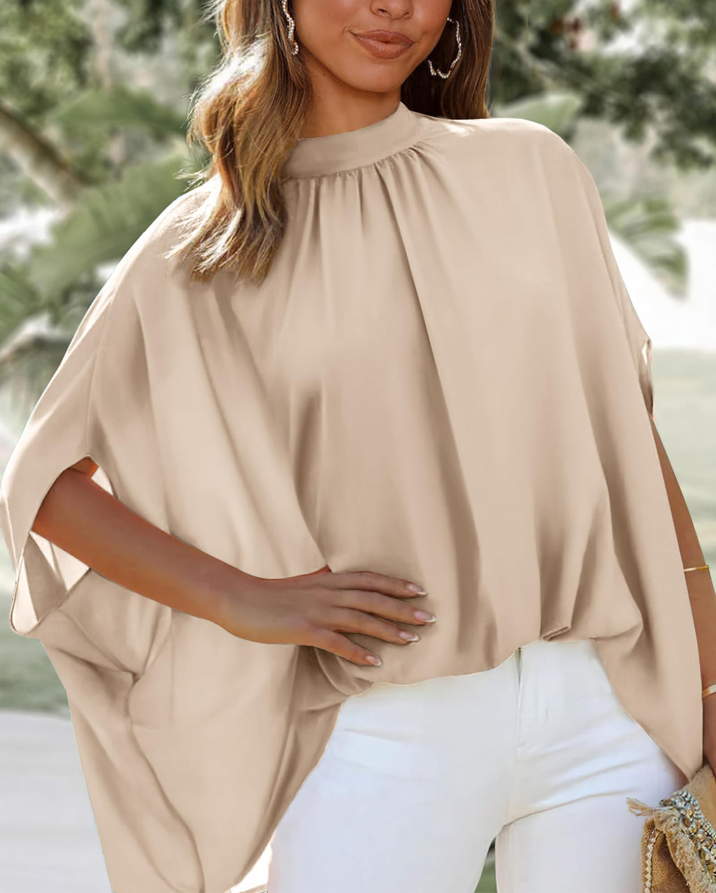 FreshPretty Womens Summer Tops Fall Mock Neck Batwing Sleeve Shirts Loose High Low Hem Oversized Dressy Casual Blouses