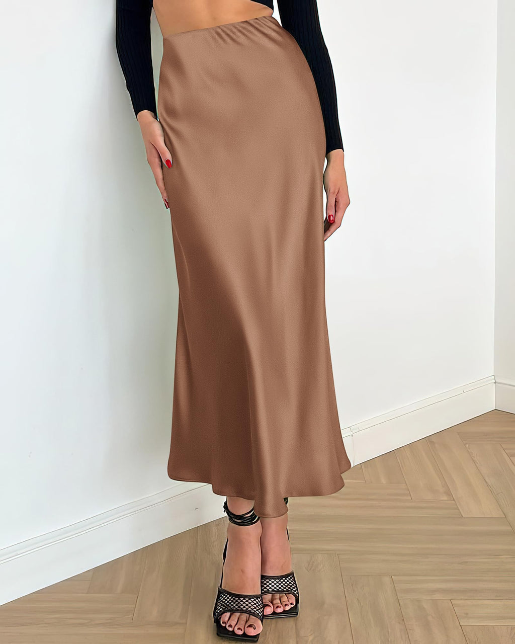 BTFBM Summer Womens Skirts Silk Elegant High Waist Flowy Long Satin A-Line Midi Skirt Cocktail Wedding Party