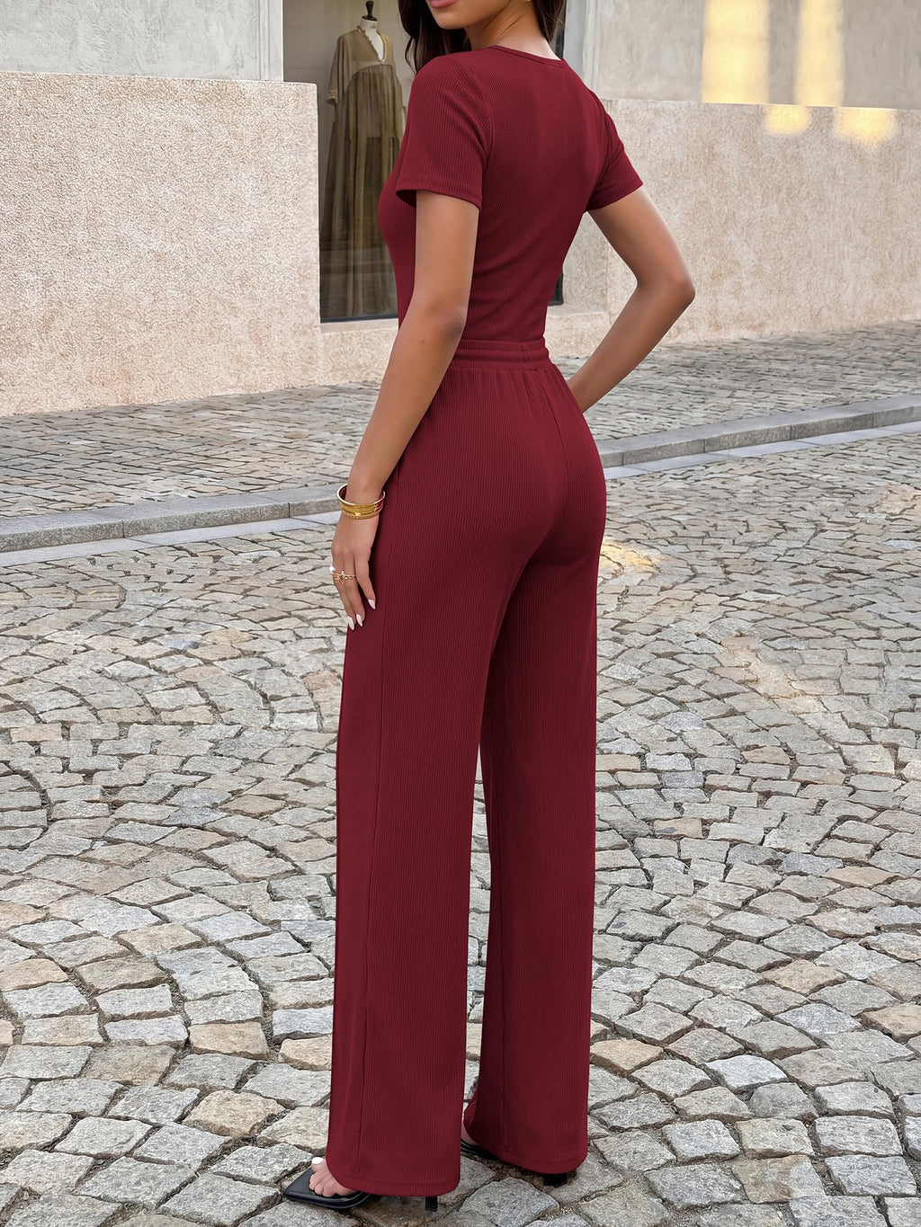 BTFBM Womens Summer 2 Piece Outfits Square Neck Short Sleeve Drawstring Pants Knit Spring Lounge Matching Sets