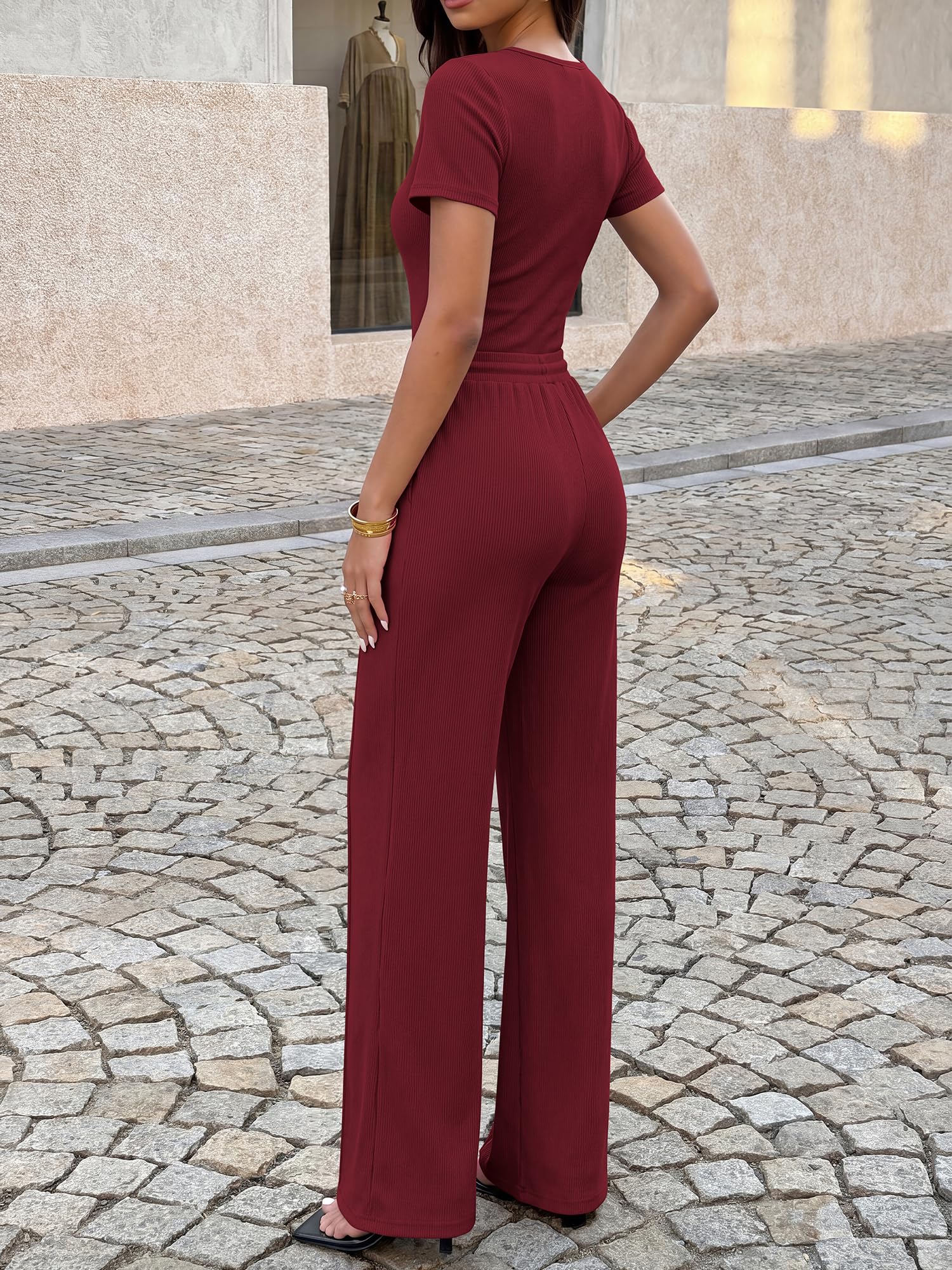 BTFBM Womens Summer 2 Piece Outfits Square Neck Short Sleeve Drawstring Pants Knit Spring Lounge Matching Sets