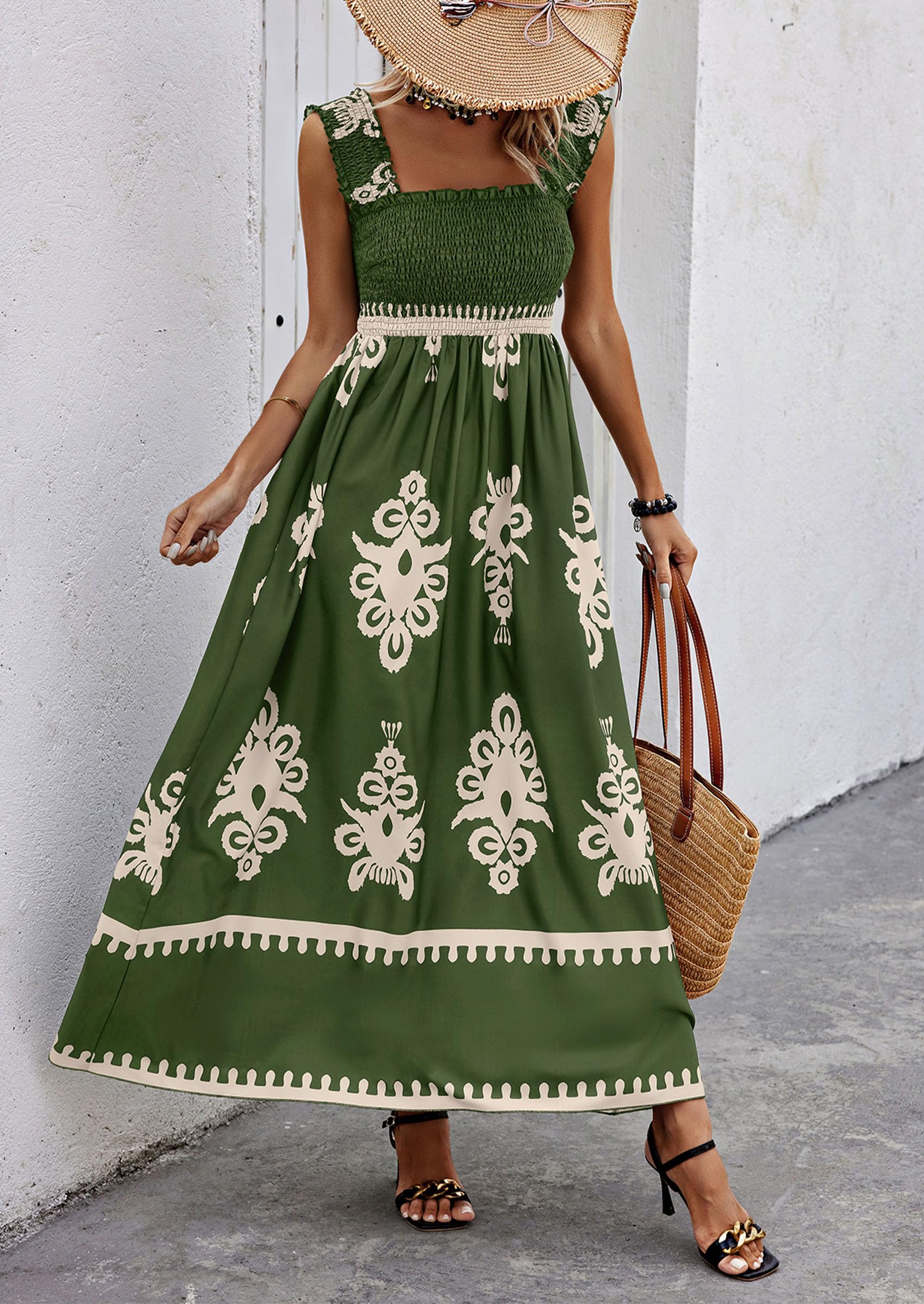 PRETTYGARDEN Womens Summer Boho Maxi Dress Casual Sleeveless Square Neck Floral Aline Smocked Beach Dresses with Pockets