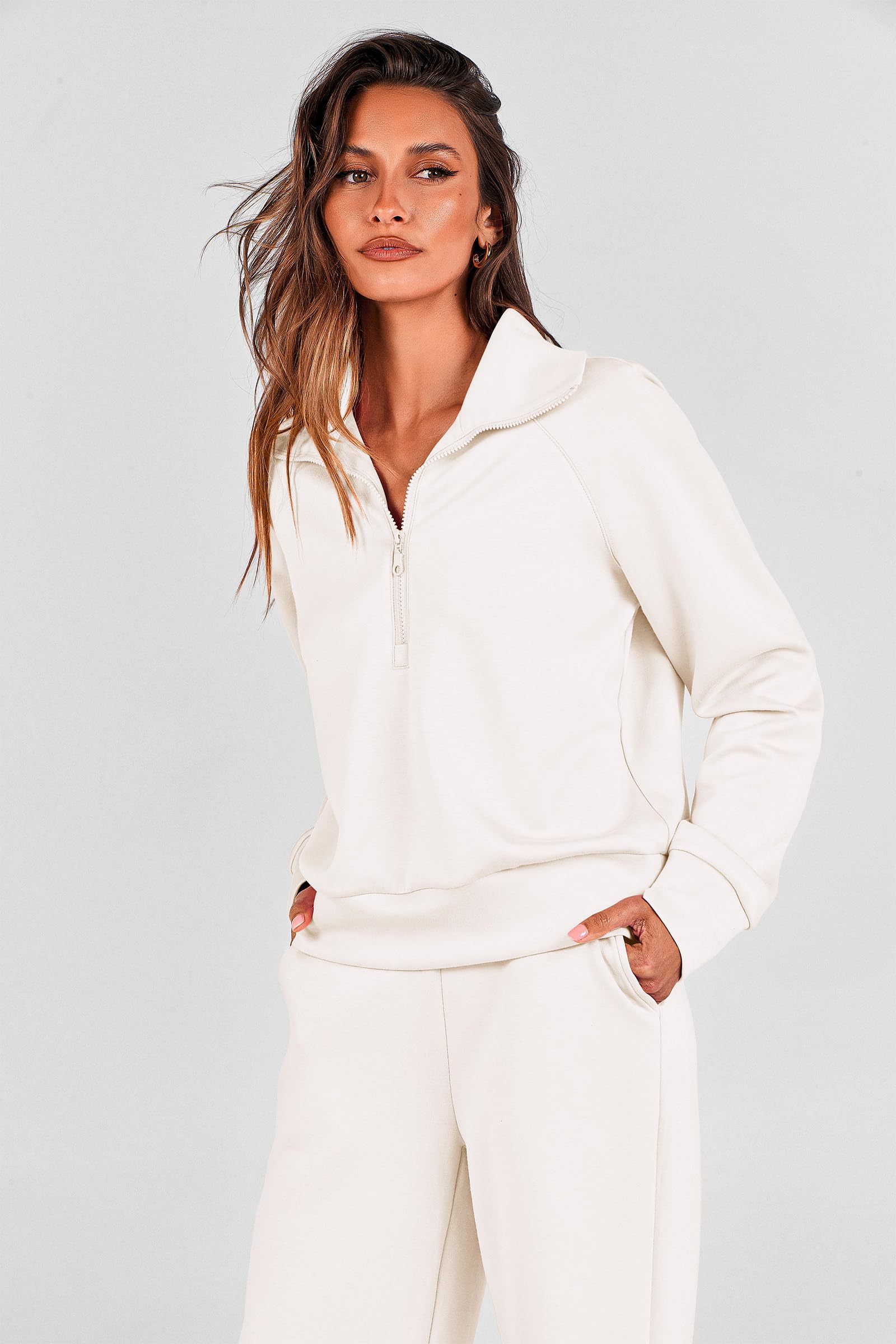 PRETTYGARDEN Women's 2 Piece Outfits Casual Lapel Half Zip Sweatshirts and Wide Leg Pants Tracksuit Sets