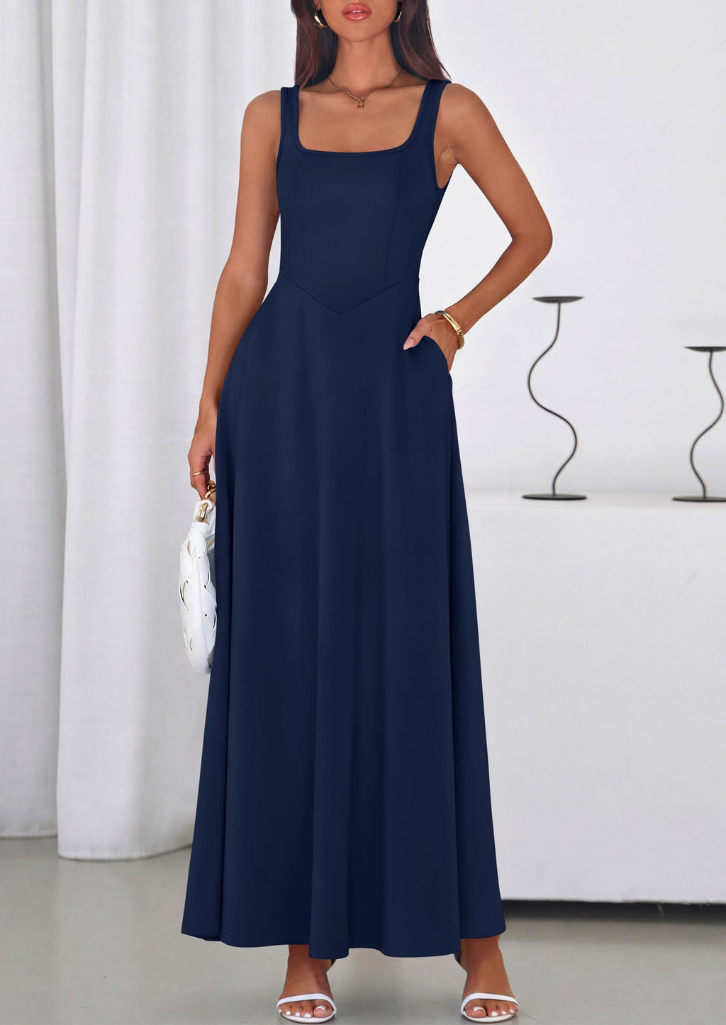PRETTYGARDEN Womens Summer Dresses Sleeveless Elegant Square Neck Aline Swing Maxi Beach Wedding Guest Dress Pockets