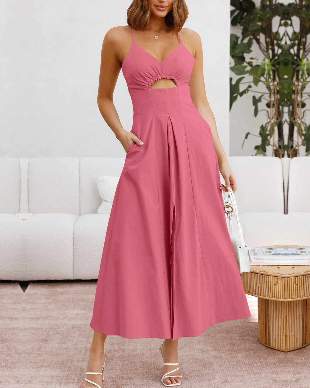 BTFBM Women Spaghetti Strap Midi Summer Dresses Sleeveless V Neck Cutout Slit Casual Beach Party Maxi Dress Pockets