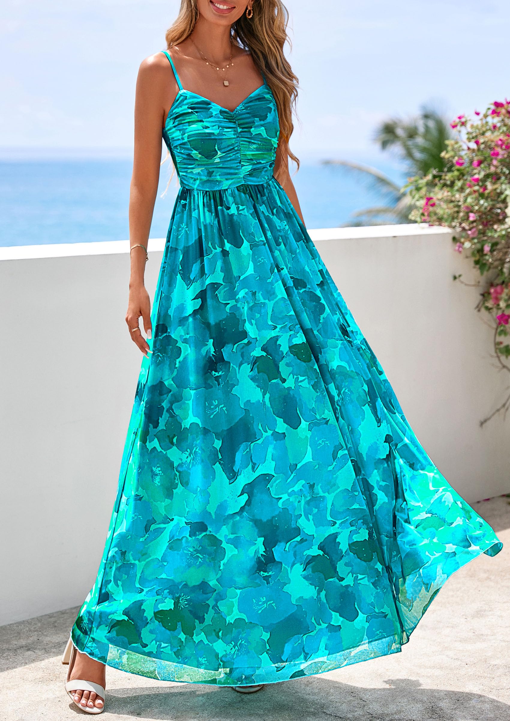 PRETTYGARDEN Women Summer Floral Maxi Dress Spirng Spaghetti Strap Mesh Boho Sundress Party Beach Vacation Long Dresses