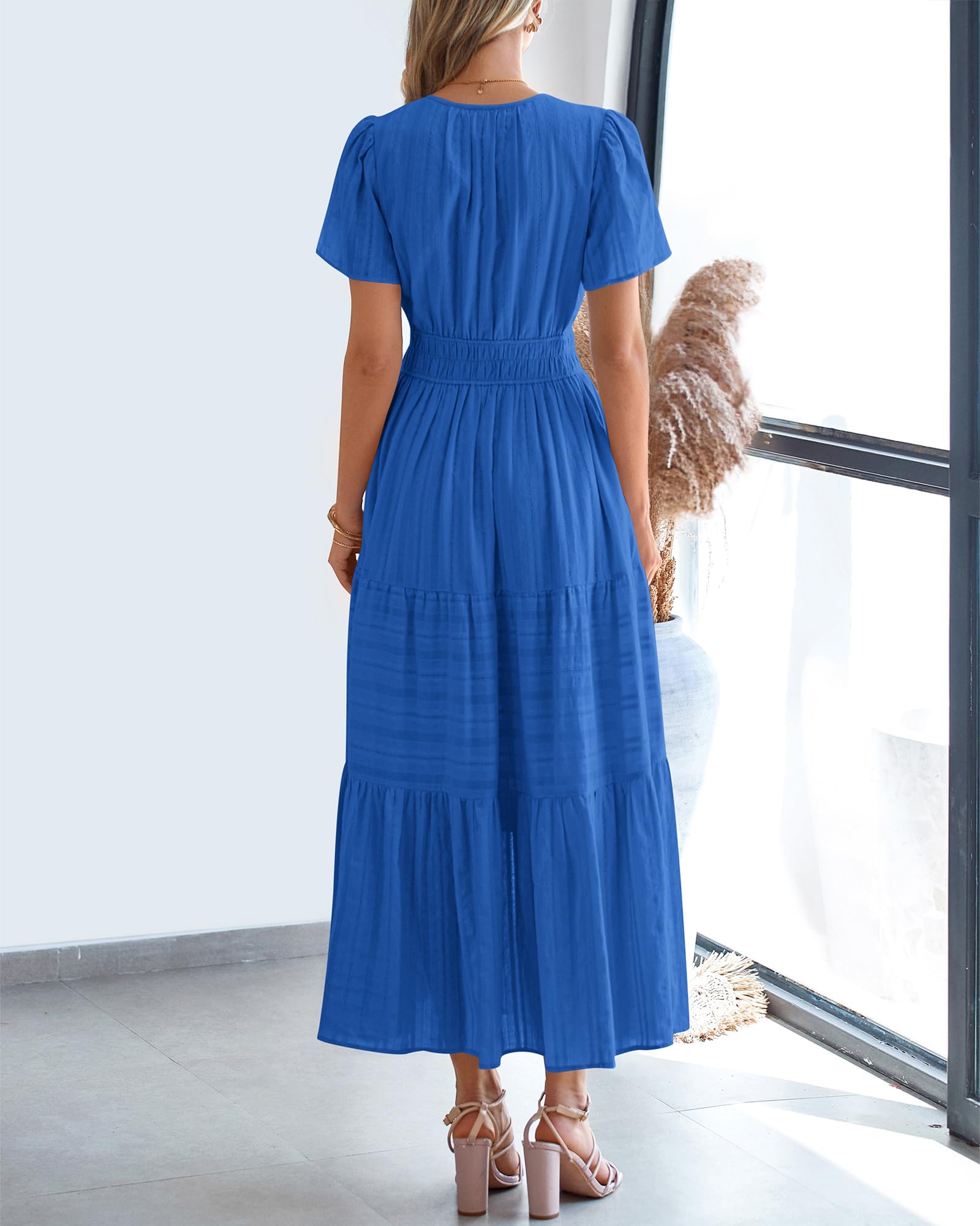 BTFBM Womens Summer Casual Midi Maxi Dresses Lightweight Short Sleeve V Neck Elastic Waist Boho Beach Dress Pockets