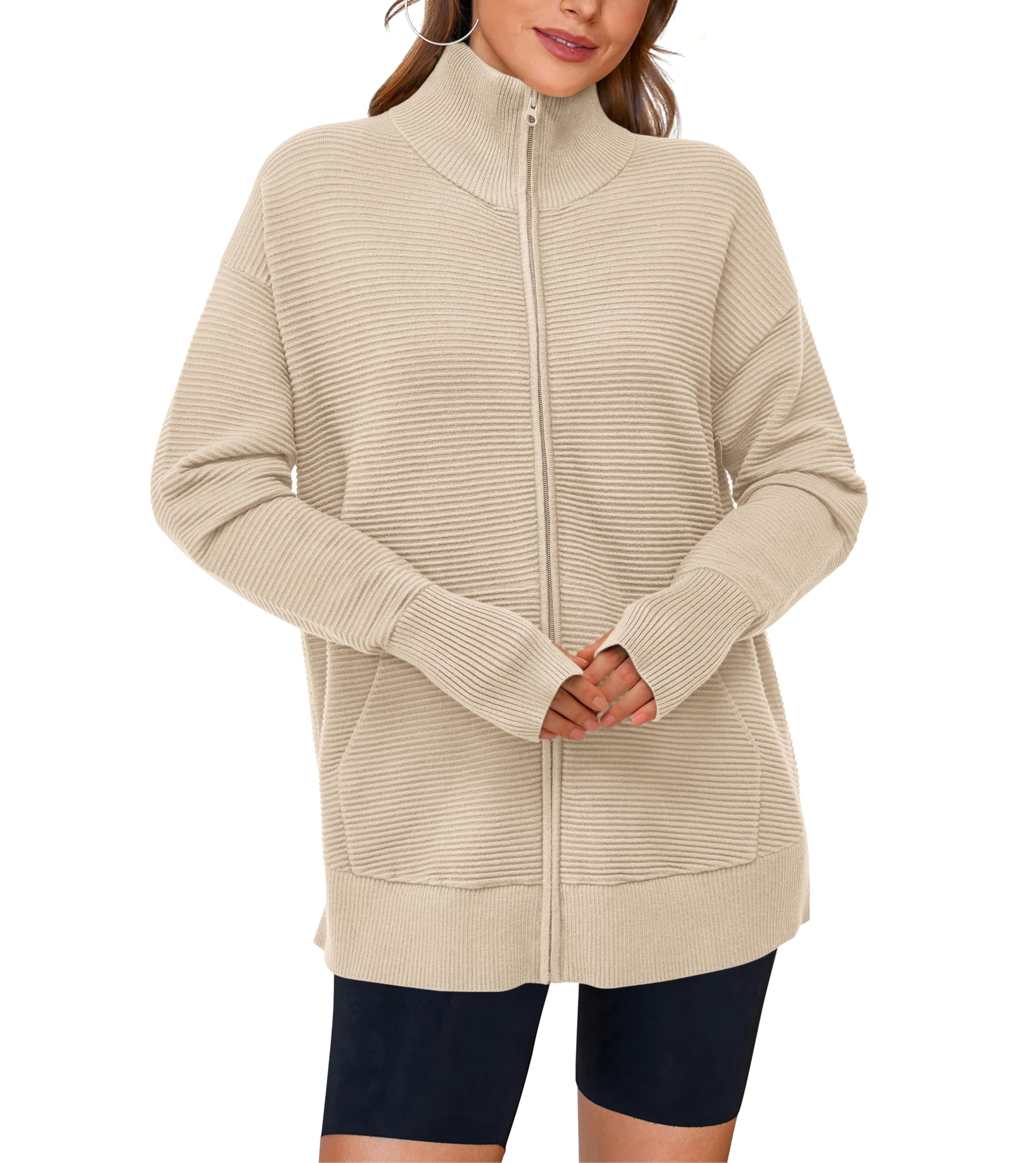 PRETTYGARDEN Womens Fall Long Sleeve Zip Up Cardigan Sweaters Casual Loose Collared Ribbed Knit Tops Jackets Thumb Hole