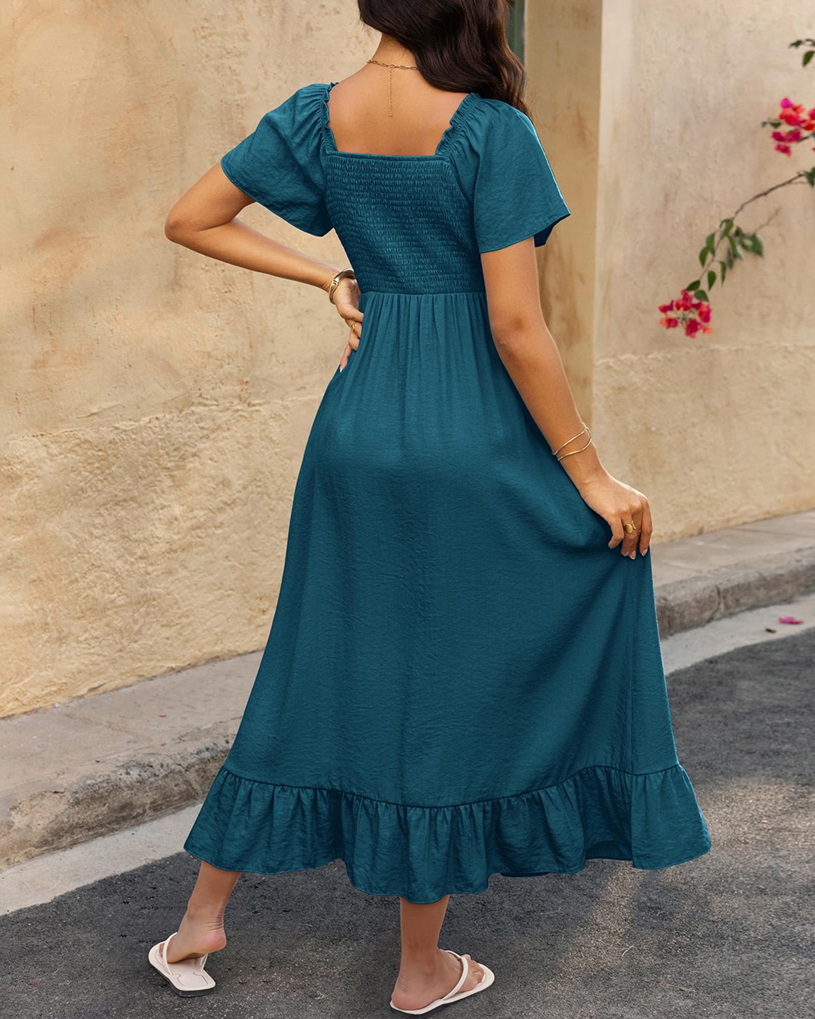 BTFBM Womens Spring Dresses Casual Short Sleeve V Neck Drawstring Wedding Guest Maxi Dresses Boho Beach Long Dress