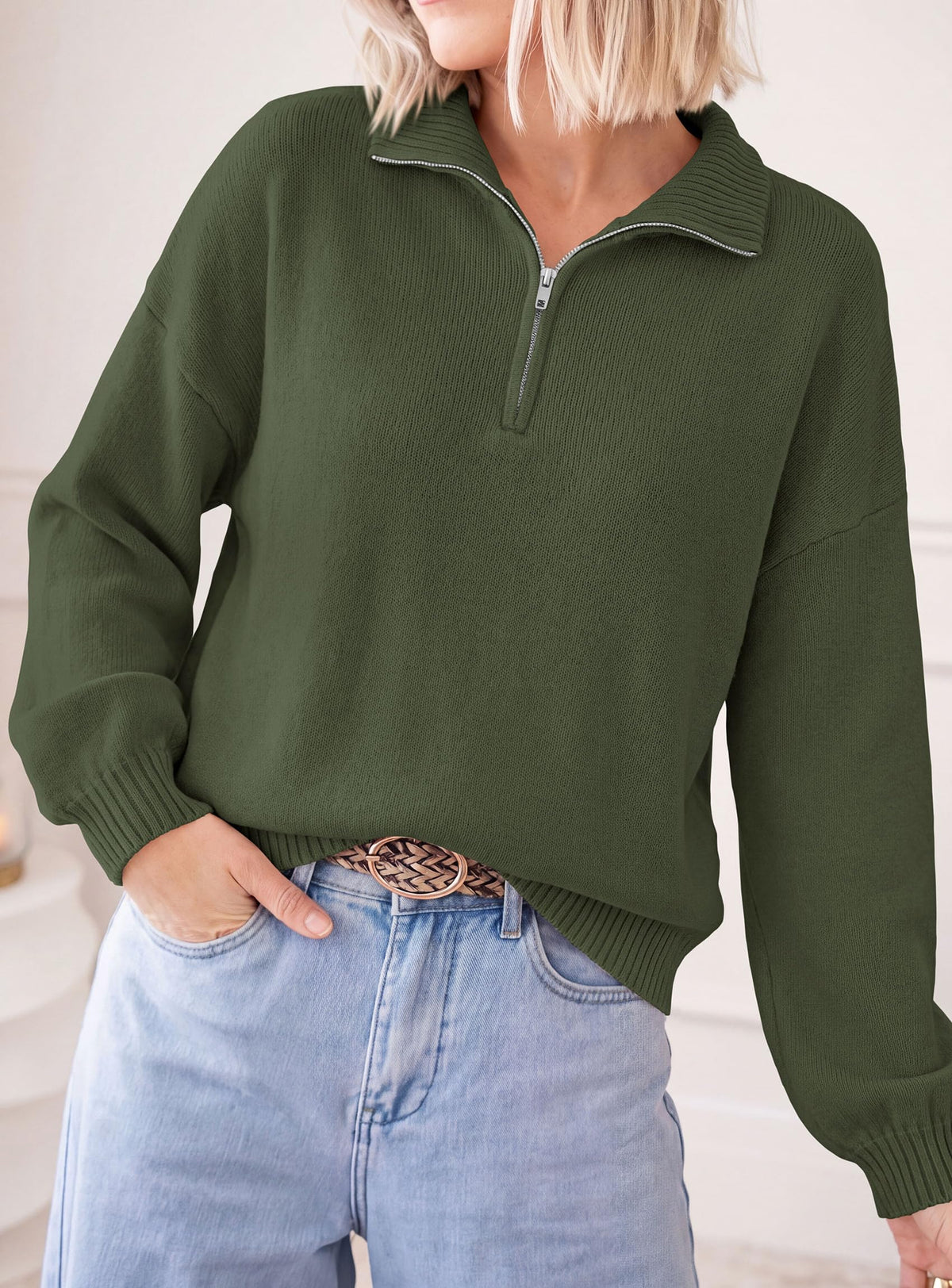 PRETTYGARDEN Women's Quarter Zip Pullover Oversized Sweaters Collared Neck, Long Balloon Sleeve, Jumper Tops, Soft Cozy Knit, Ribbed Hem, Loose Fit, Fall Outfits, Winter Fashion Clothing