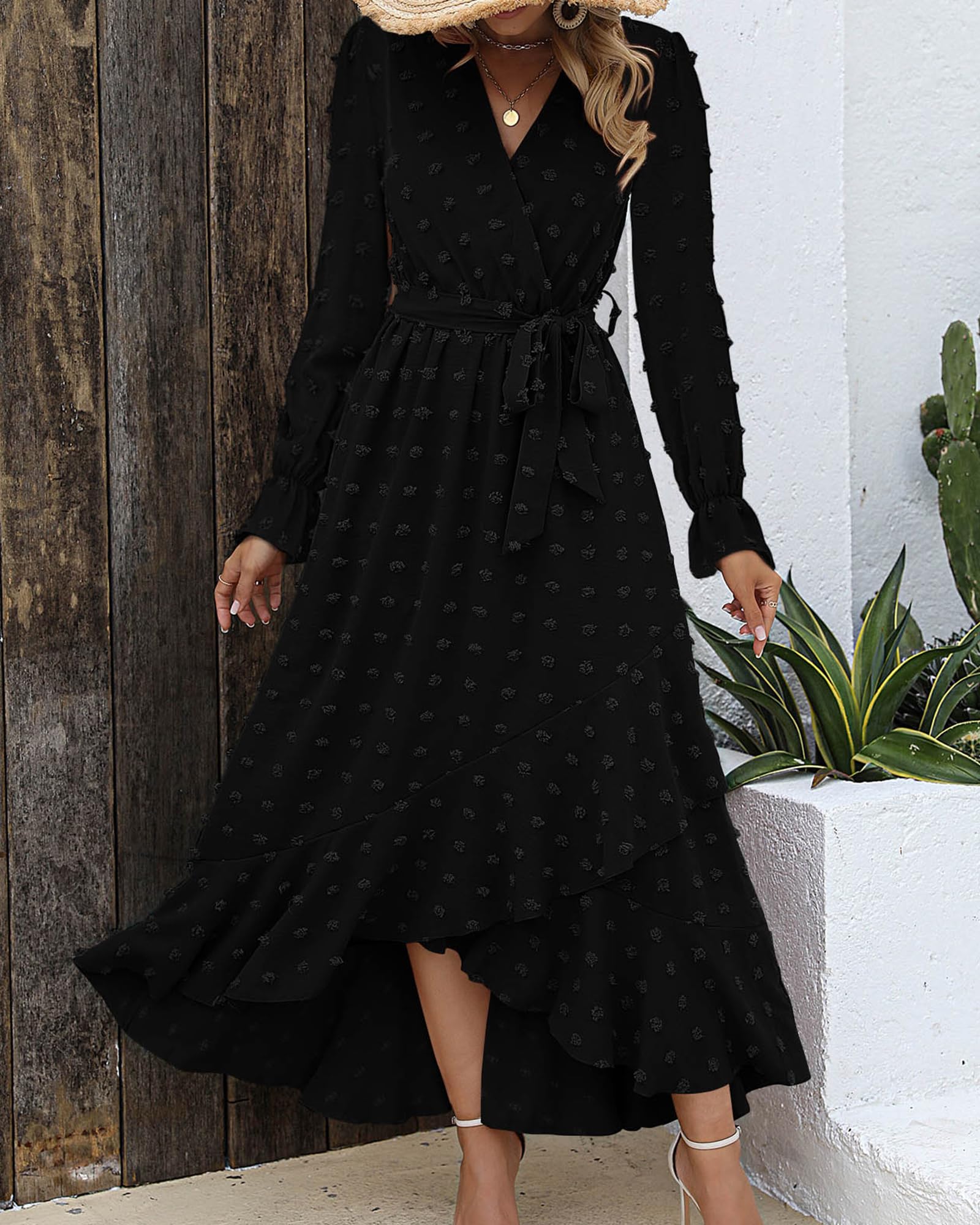 FreshPretty Long Sleeve Maxi Dresses for Women V Neck Swiss Dot Boho Flowy Slit Cocktail Wedding Guest Dress Fall Clothes