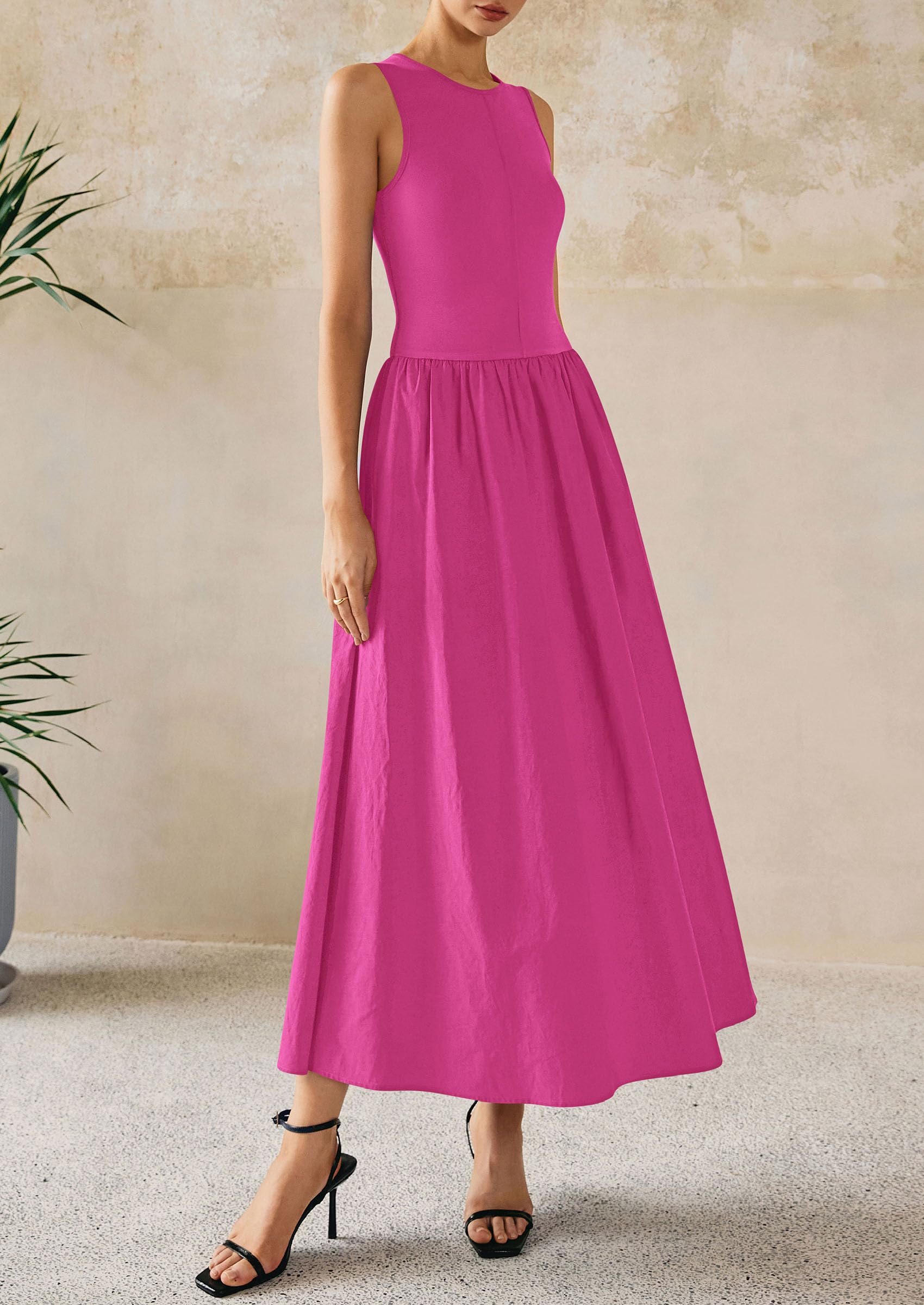 PRETTYGARDEN Maxi Dresses for Women Summer Casual Sleeveless Patchwork Flowy Vacation Sundress Knit Long Work Tank Dress