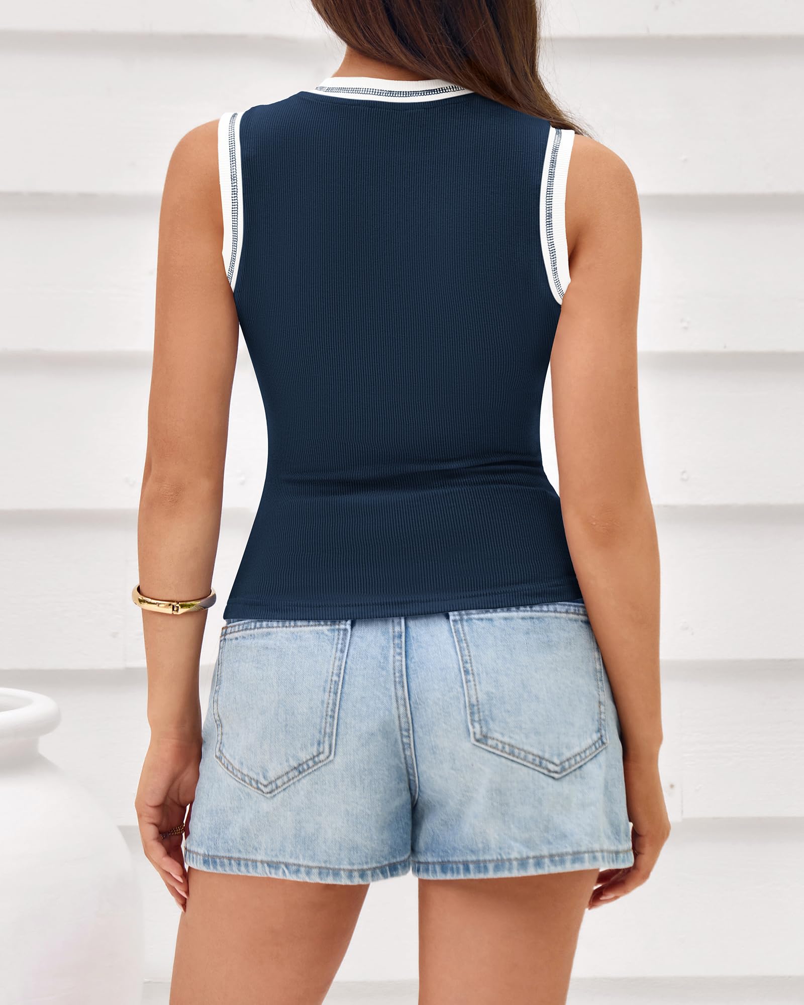 FreshPretty Crew Neck Tank Top for Women Sleeveless Ribbed Contrasting Slim Fitted Y2k Casual Basic Shirts Spring Summer Tops