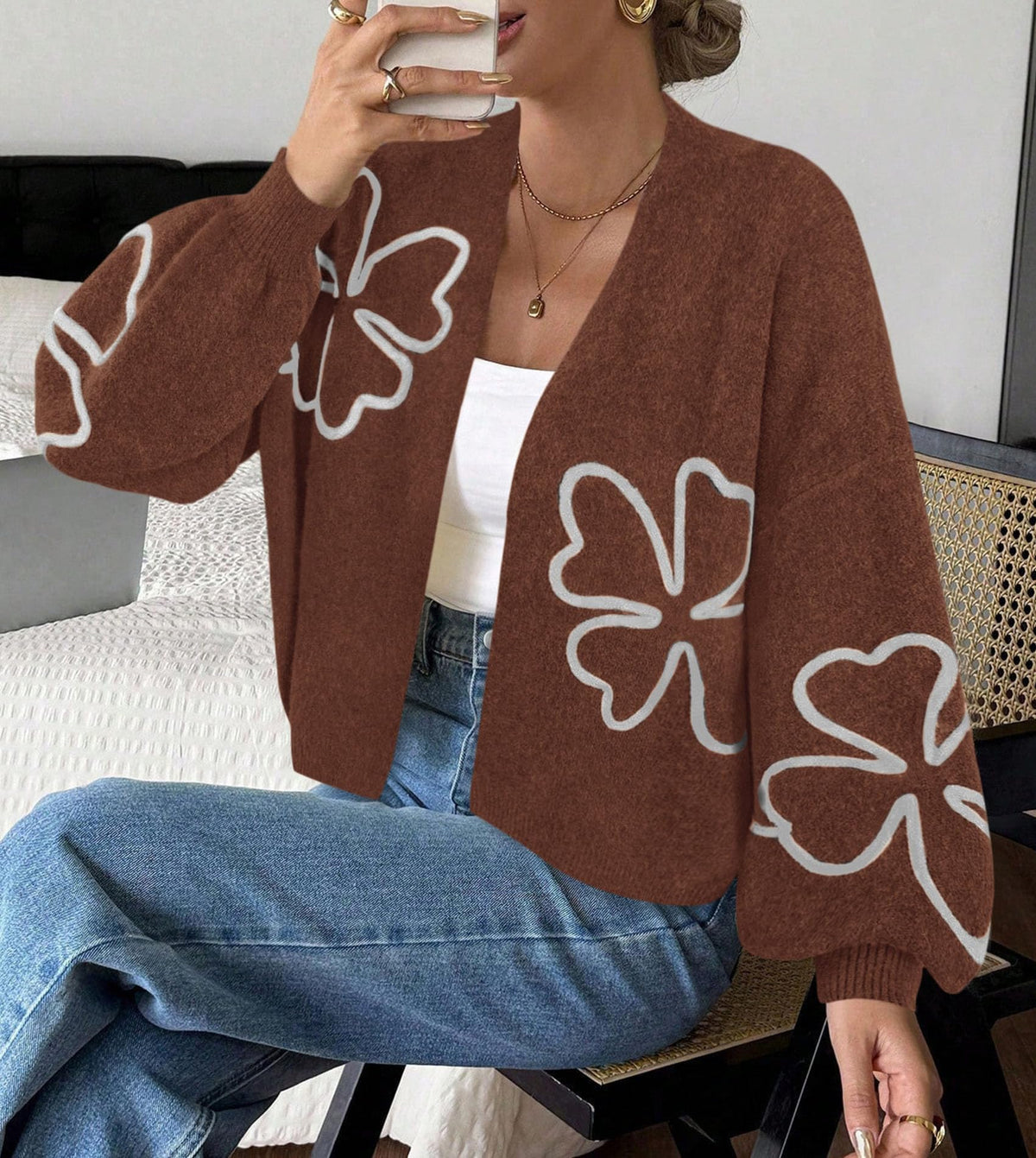 PRETTYGARDEN Women's Floral Oversized Cardigan Sweaters Trendy Fall Outfits Long Sleeve Sweater Jacket, Open Front Coat, Cozy Soft Chunky Knit, Casual Outerwear,Winter Fashion Clothing