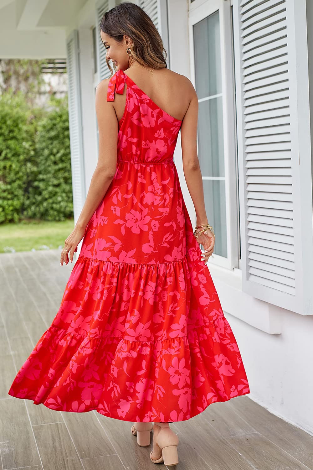 PRETTYGARDEN Women's Summer Floral One Shoulder Maxi Dress Knot Ruffle Boho Beach Vacation Wedding Guest Long Sun Dresses