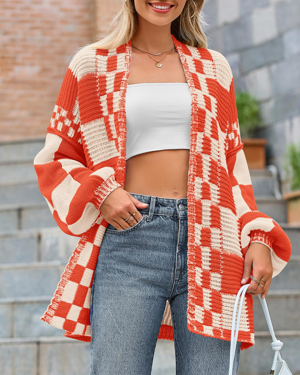 FreshPretty Casual Cardigan Sweater for Women Fall Long Sleeve Open Front Chunky Knit Sweaters Checkered Outwear Coat