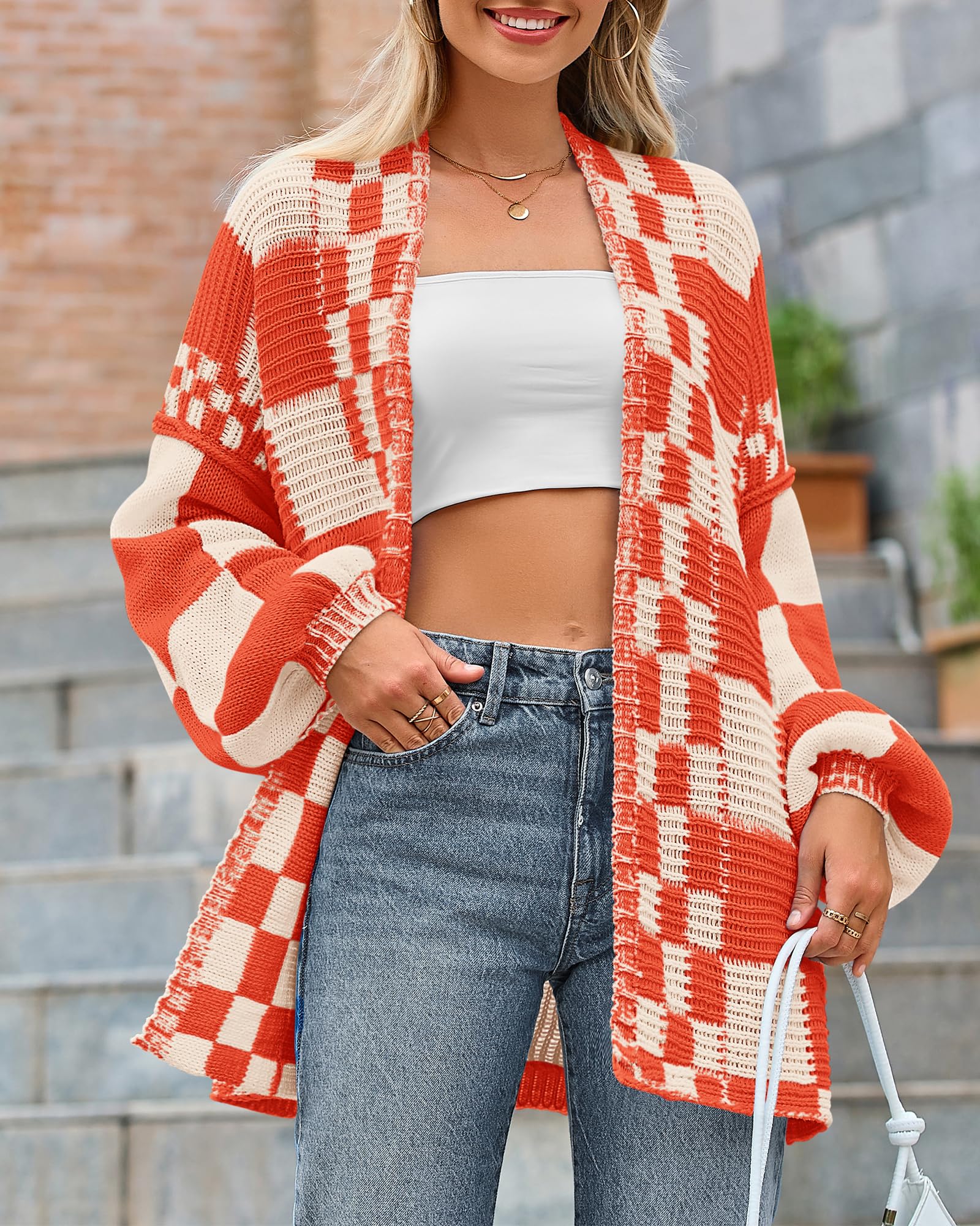 FreshPretty Casual Cardigan Sweater for Women Fall Long Sleeve Open Front Chunky Knit Sweaters Checkered Outwear Coat
