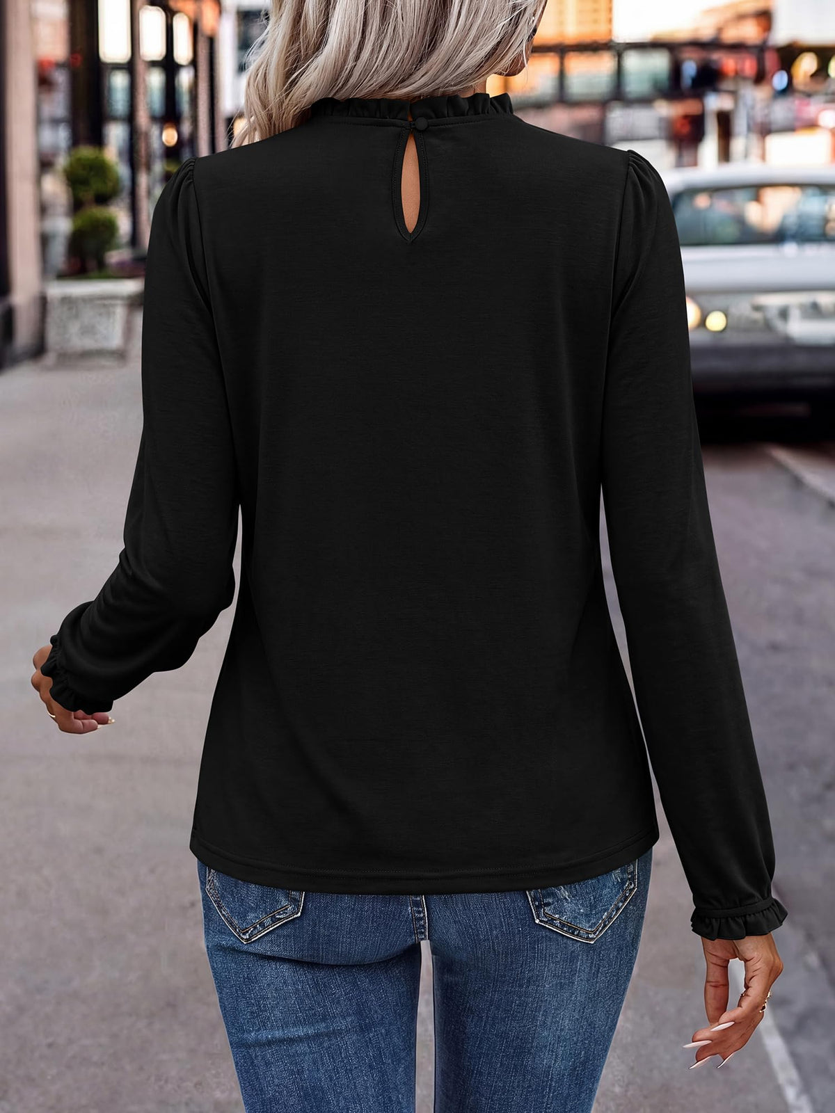FreshPretty Long Sleeve Tops for Women Business Casual Blouses,Lightweight Knit Work Shirts,Frill Mock Neck Fitted Ruched Office Blouses,Ruffle Cuffs,Keyhole Back,Fall Fashion Clothes