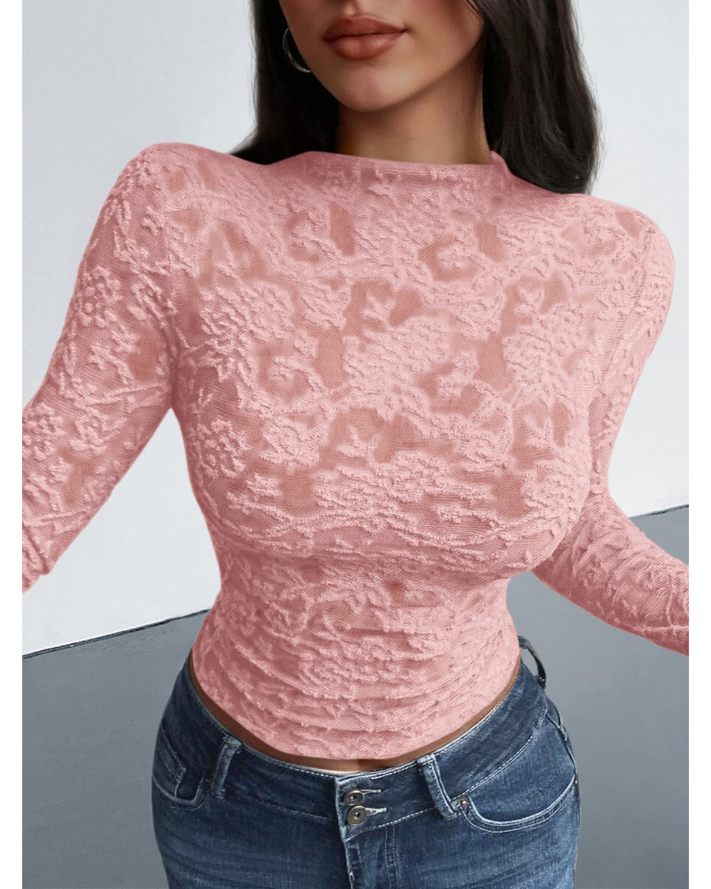 FreshPretty Mesh Long Sleeve Tops for Women Lace Sexy Sheer Tight See Through Crew Neck Spring Fall Party Club Outfits