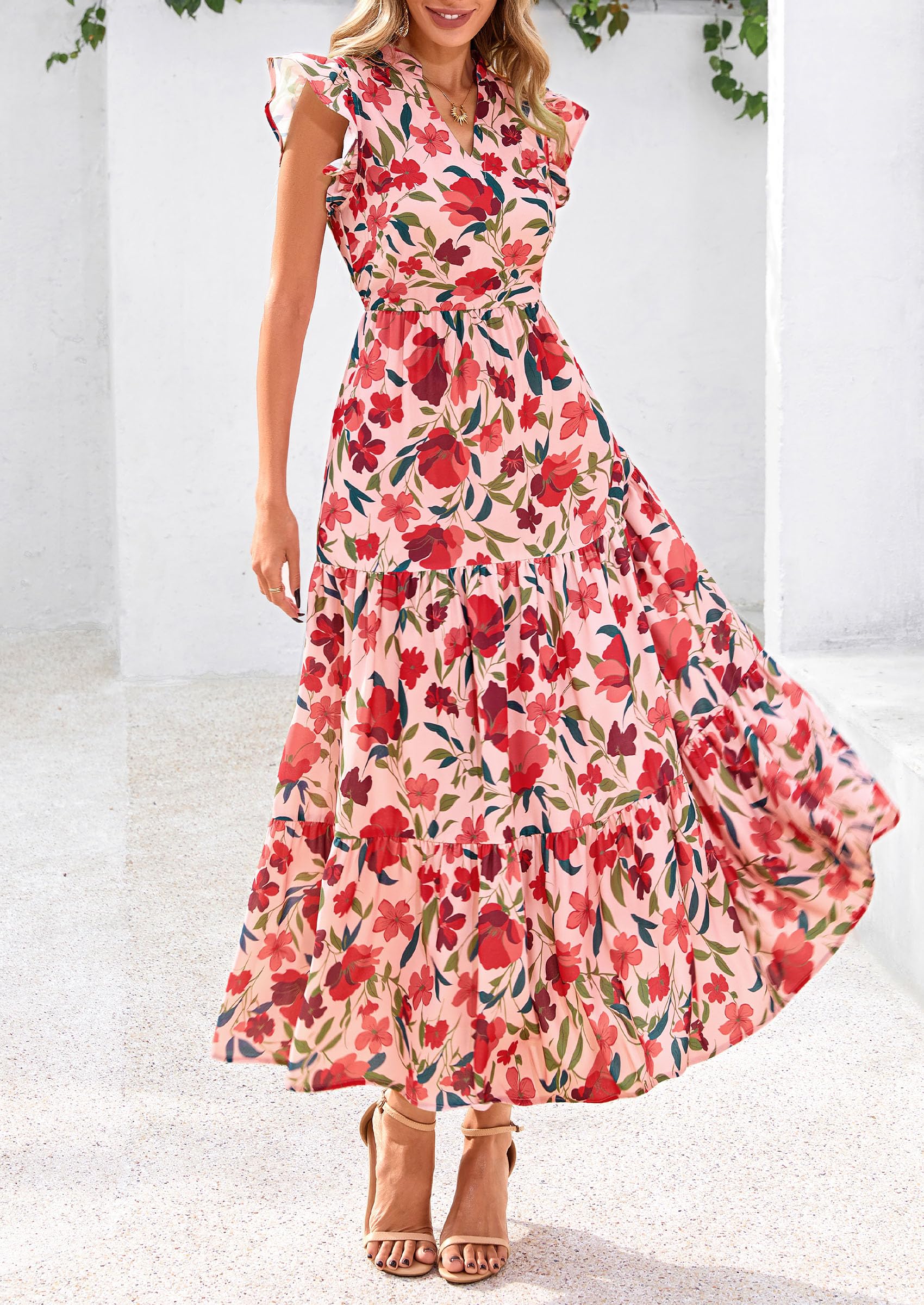 Visit the PRETTYGARDEN Store PRETTYGARDEN Women's Summer Floral Midi Dress Cap Sleeve V Neck Ruffle Long Flowy Boho Casual Beach Vacation Dresses