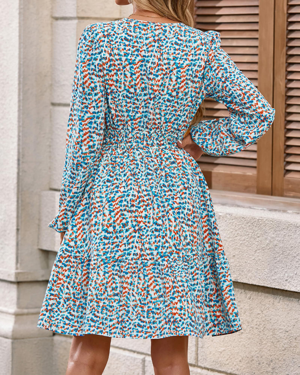 BTFBM Spring Dresses for Women Mini Long Sleeve Elastic Waist Summer Vacation Outfits Floral Wedding Guest Dress