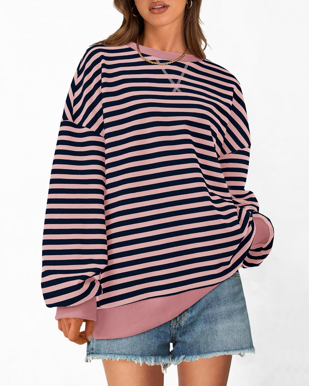 BTFBM Sweatshirt For Women Summer Crewneck Long Sleeve Oversized Striped Pullover Tops Y2K Clothes Workout Shirt