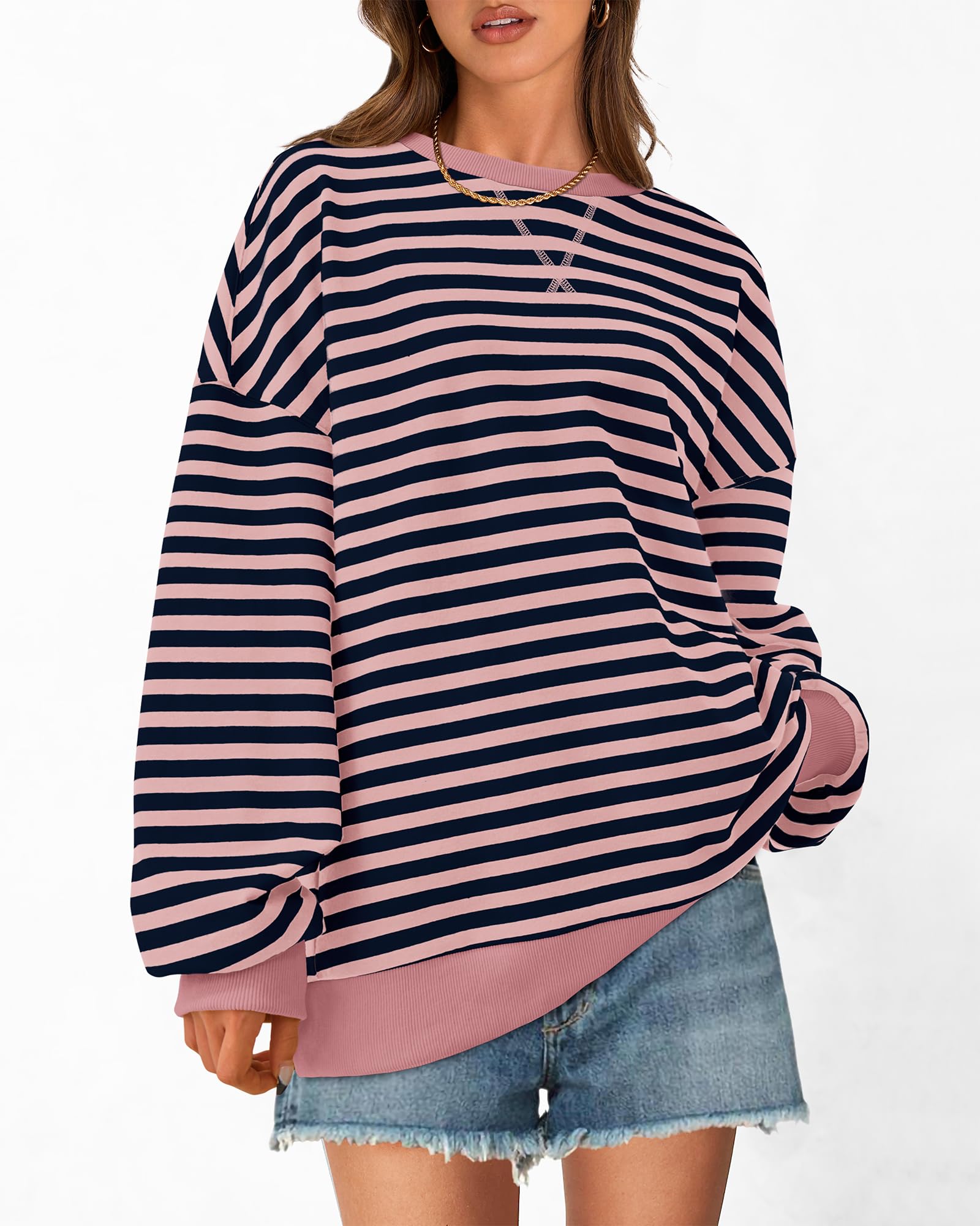 BTFBM Sweatshirt For Women Summer Crewneck Long Sleeve Oversized Striped Pullover Tops Y2K Clothes Workout Shirt