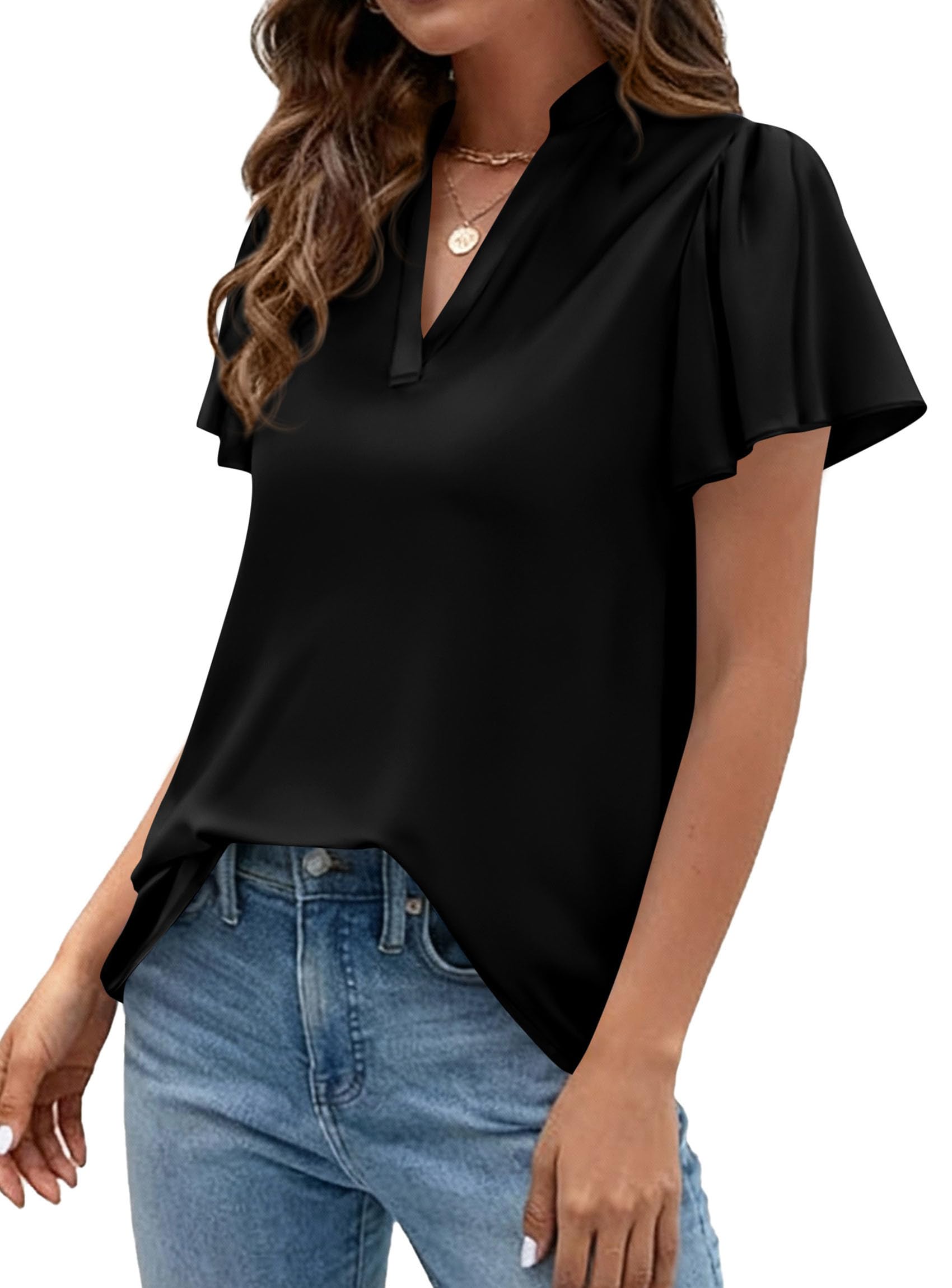 PRETTYGARDEN Women's Summer Satin Blouses Dressy Casual Ruffle Cap Sleeve V Neck Business Work Cute Tops Spring Outfits