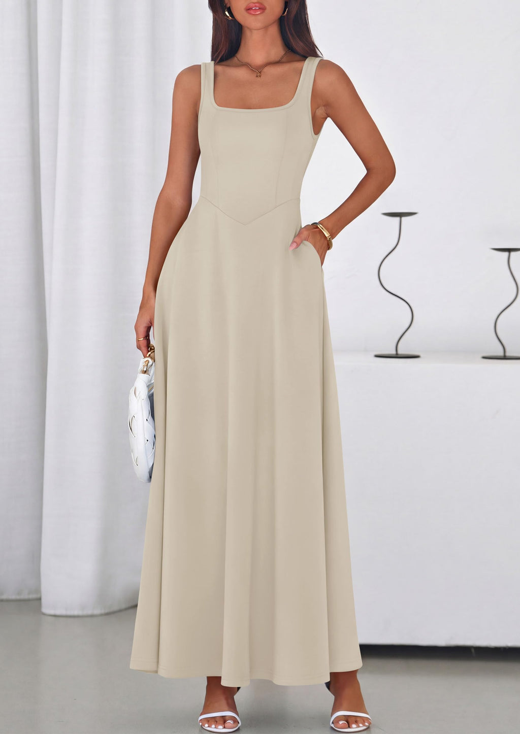 PRETTYGARDEN Womens Summer Dresses Sleeveless Elegant Square Neck Aline Swing Maxi Beach Wedding Guest Dress Pockets