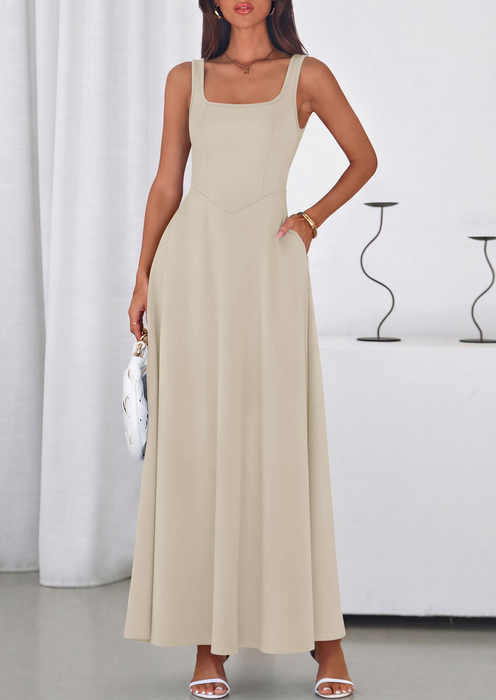 PRETTYGARDEN Womens Summer Dresses Sleeveless Elegant Square Neck Aline Swing Maxi Beach Wedding Guest Dress Pockets