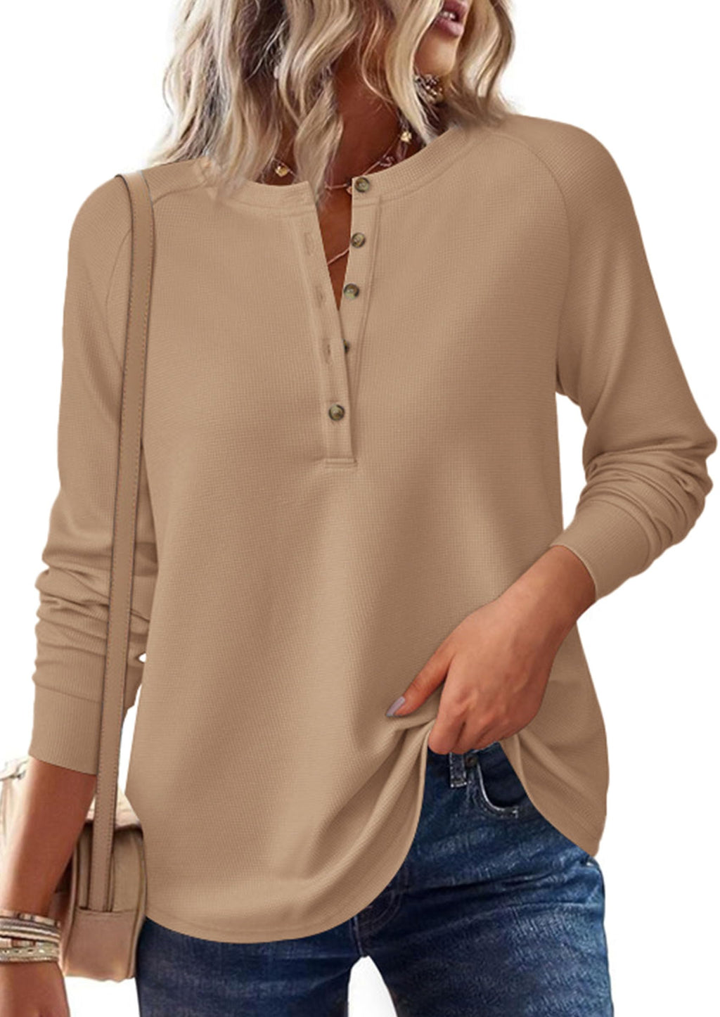 PRETTYGARDEN Women's Long Sleeve Waffle Knit Shirts Fall Casual Button Up Henley V Neck Tunic Tops Loose Fit Basic Tees