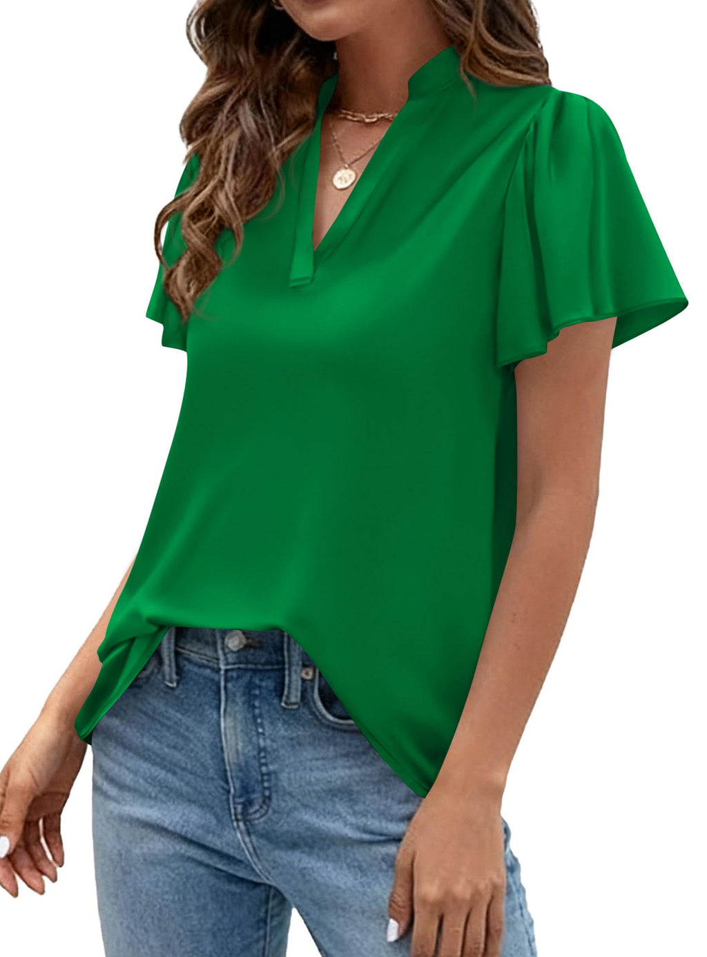 PRETTYGARDEN Women's Summer Satin Blouses Dressy Casual Ruffle Cap Sleeve V Neck Business Work Cute Tops Spring Outfits