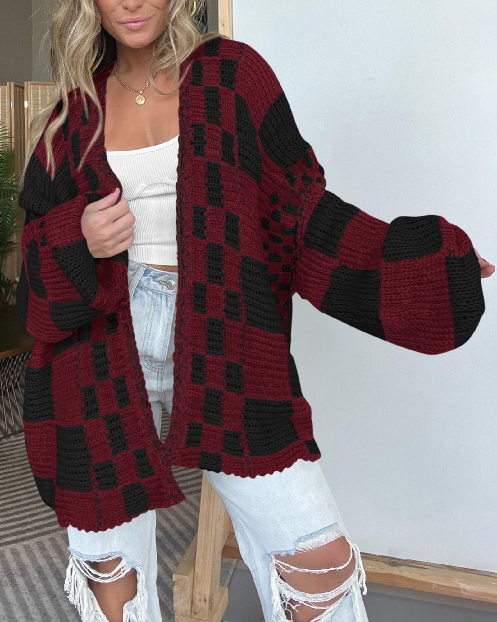 FreshPretty Casual Cardigan Sweater for Women Fall Long Sleeve Open Front Chunky Knit Sweaters Checkered Outwear Coat