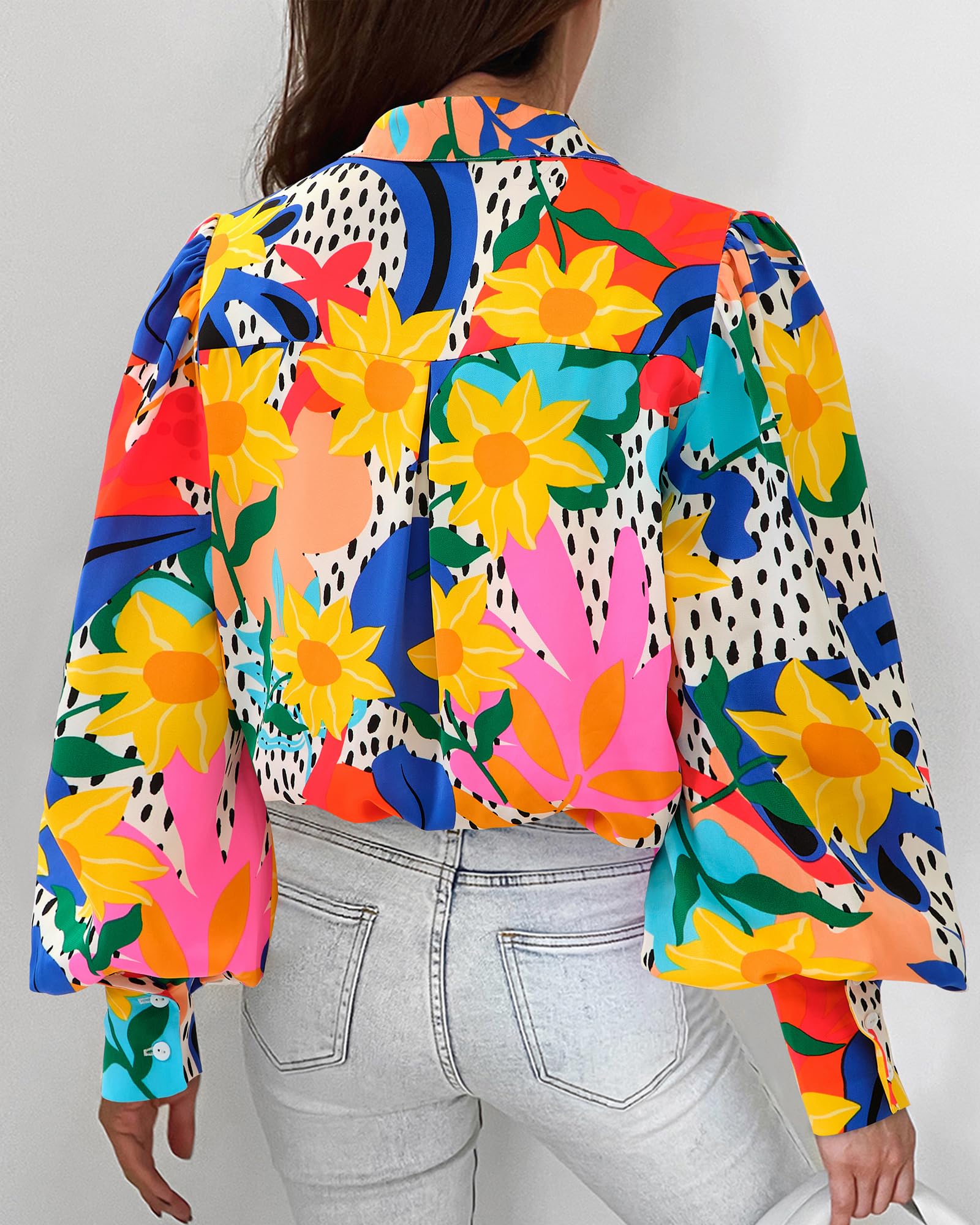 BTFBM Women Fashion Button Down Shirts V Neck Boho Printed Long Sleeve Blouses Dressy Casual Spring Fall Tops