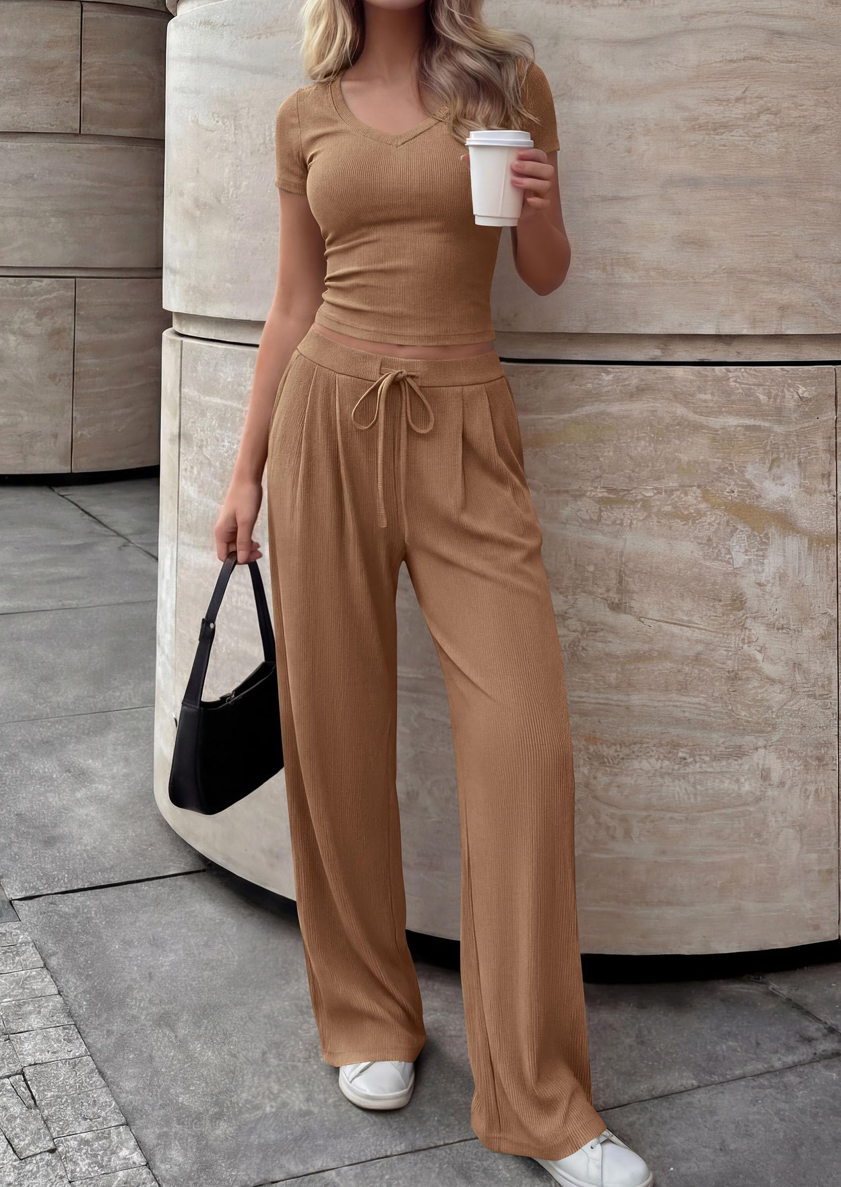 PRETTYGARDEN 2 Piece Sets for Women Summer Spring Lounge Set Matching V Neck Tops Wide Leg Pants Airport Travel Outfits