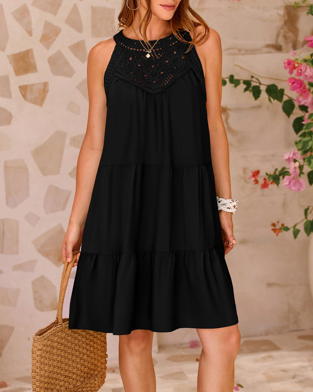 PRETTYGARDEN  Women Summer Dresses Casual Spring Clothes Sleeveless Halter Neck A-Line Tiered Mini Dress Beach Sundress