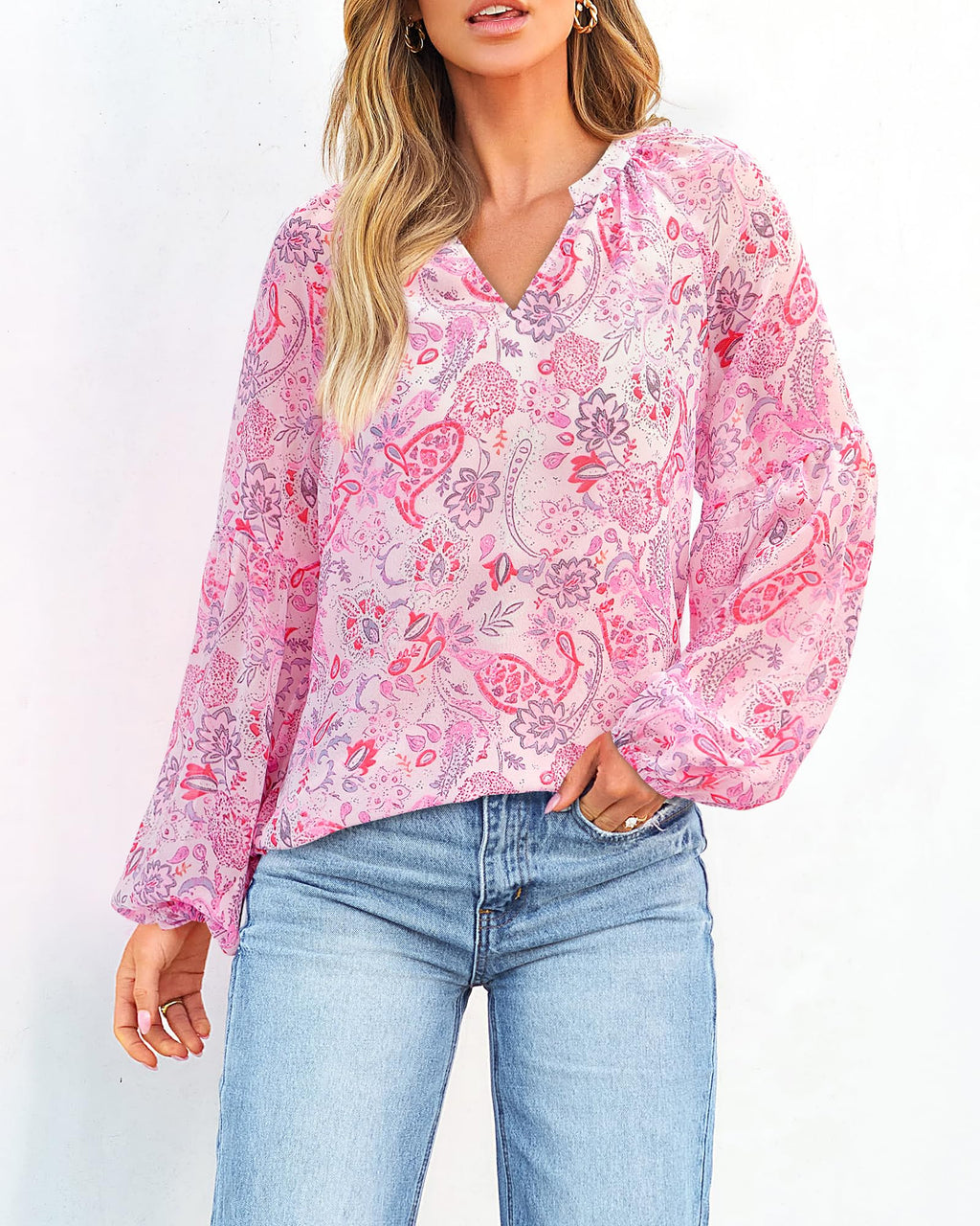 FreshPretty Blouses for Women Floral Boho Tops V Neck Lightweight Long Sleeve Shirts Fall Dressy Casual Vacation Outfits