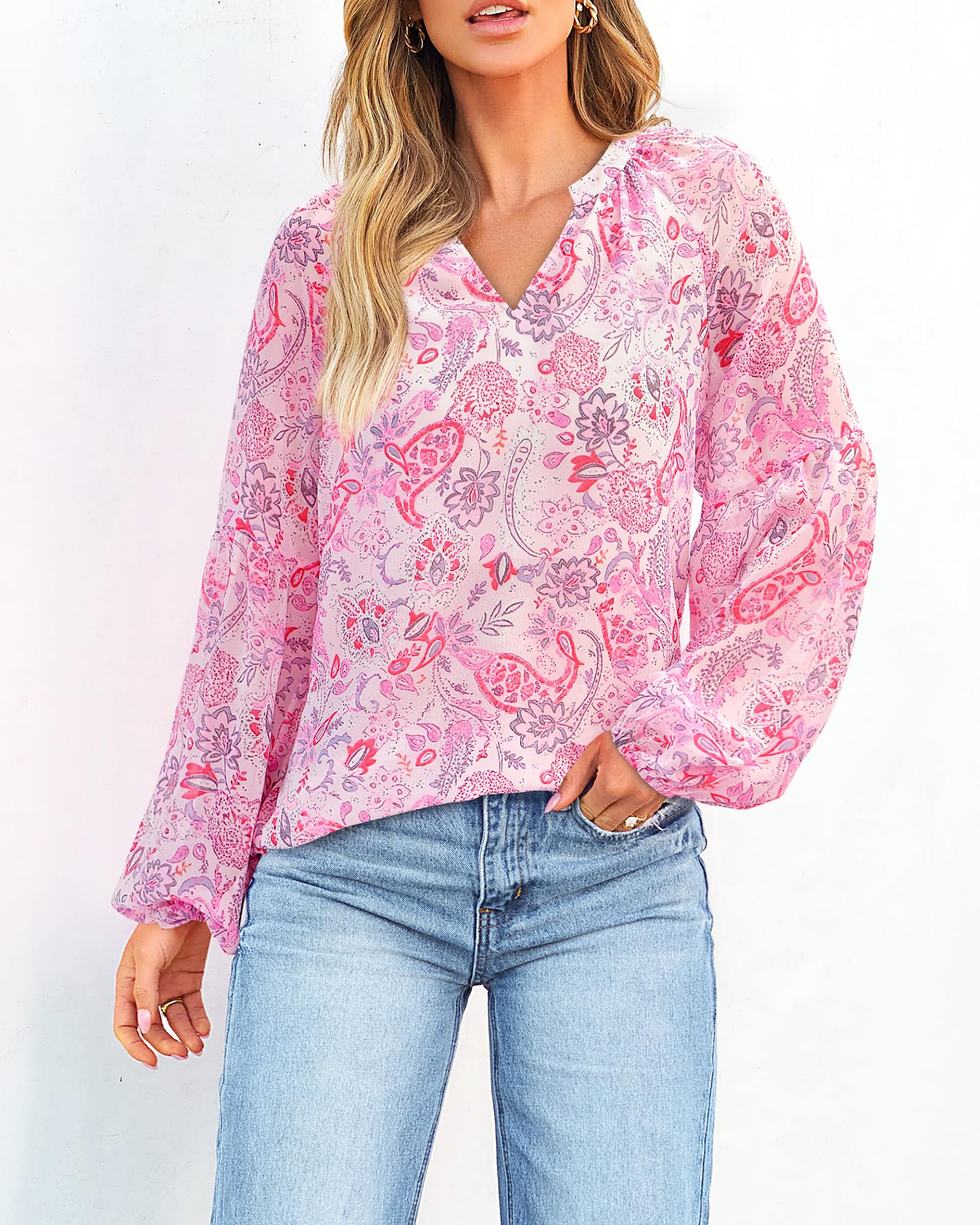 FreshPretty Blouses for Women Floral Boho Tops V Neck Lightweight Long Sleeve Shirts Fall Dressy Casual Vacation Outfits