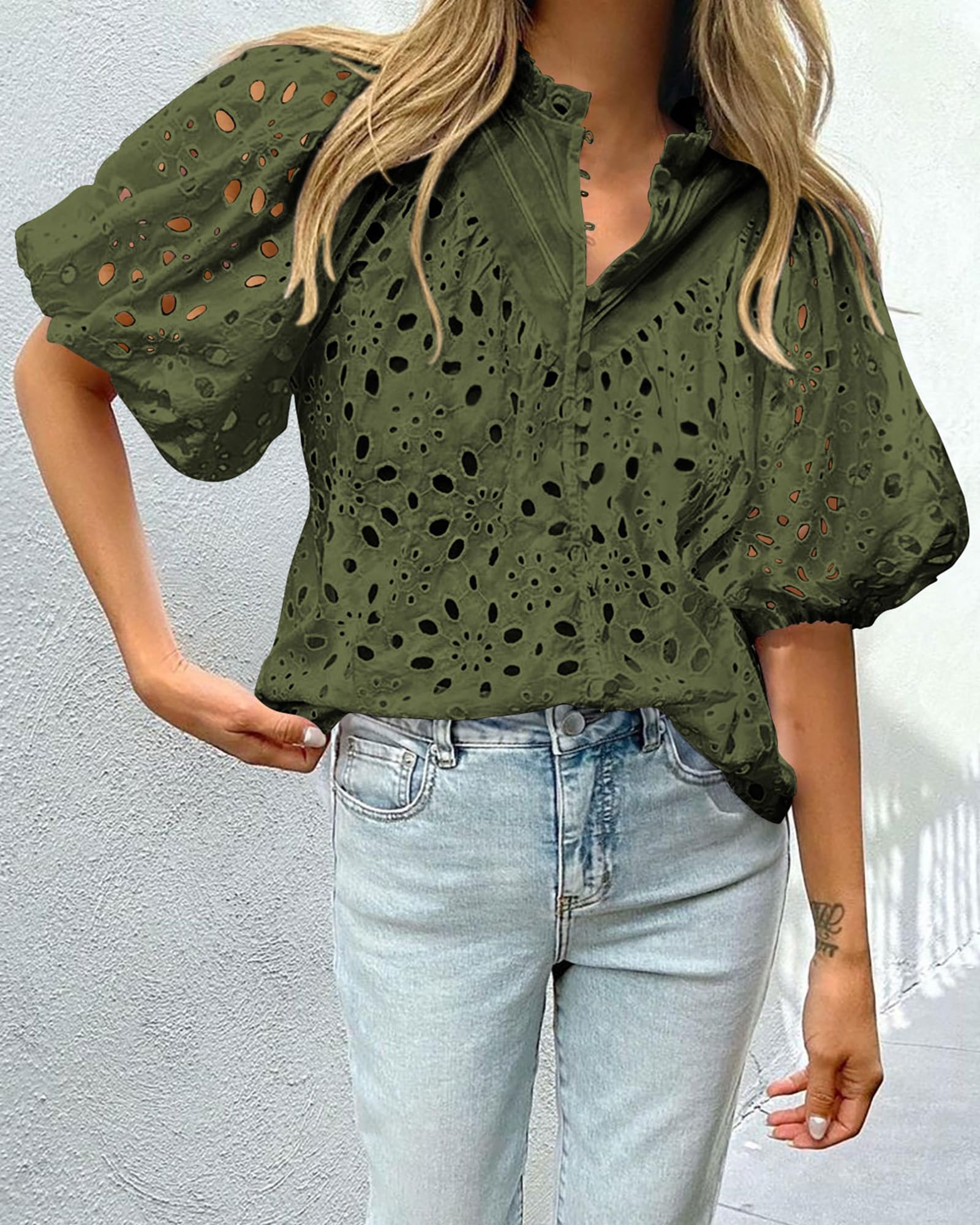 PRETTYGARDEN Women's Summer Tops Dressy Casual Short Sleeve V Neck Buttons Hollow Out Lace Embroidered Blouses Shirts