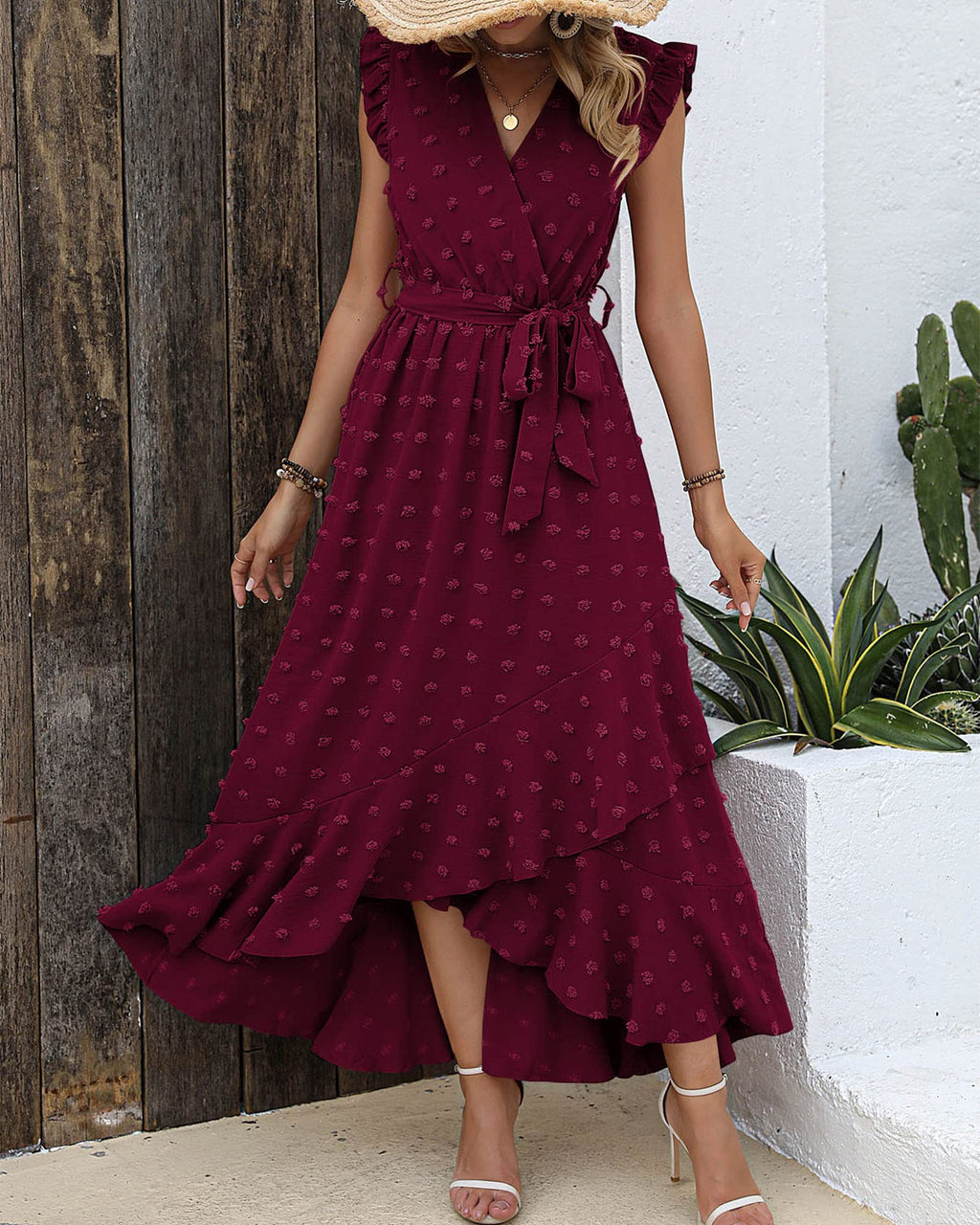FreshPretty Women V Neck Summer Dress Cap Sleeve Swiss Dot Boho Flowy Ruffle Slit Beach Party Long Maxi Cocktail Dresses