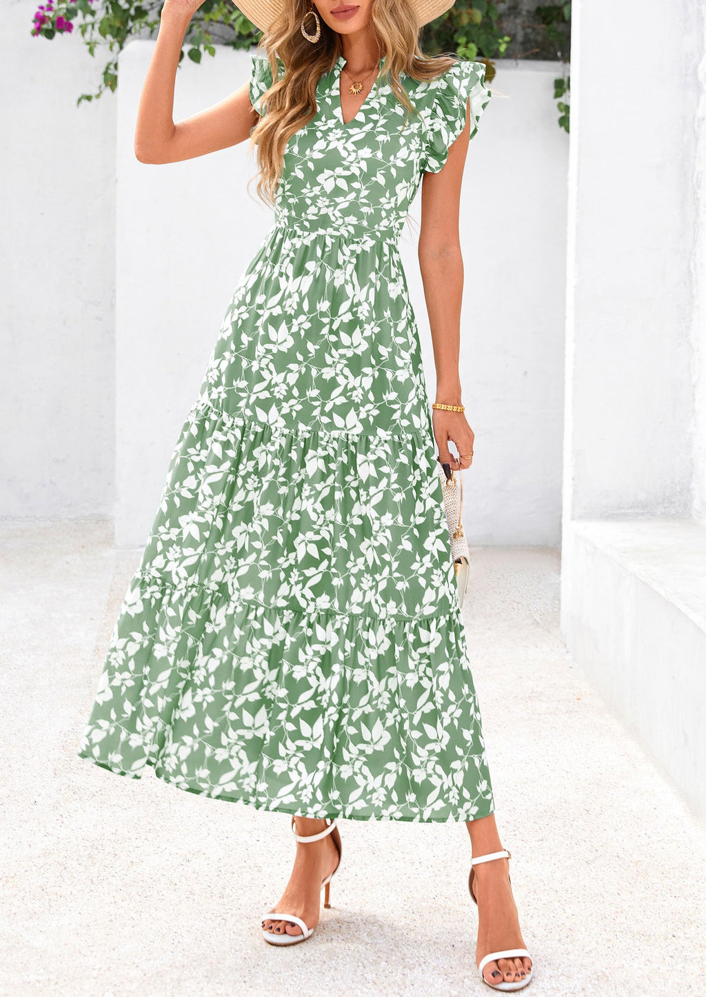 Visit the PRETTYGARDEN Store PRETTYGARDEN Women's Summer Floral Midi Dress Cap Sleeve V Neck Ruffle Long Flowy Boho Casual Beach Vacation Dresses